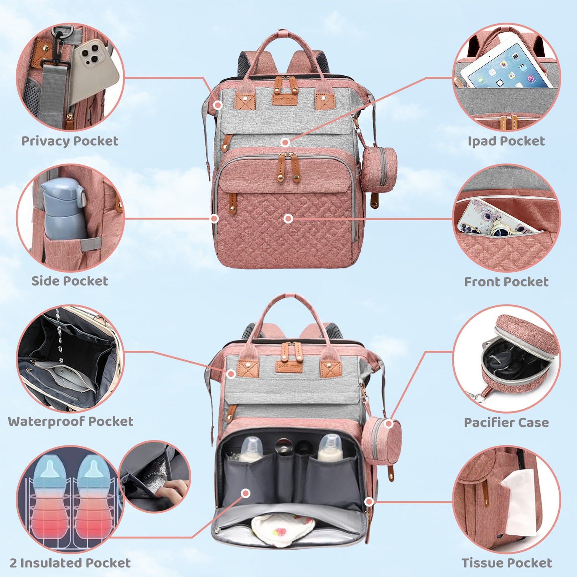 Morfone Diaper Bag Backpack with Changing Station, Large Capacity Baby Essentials Travel Tote, Waterproof Baby Bag with Changing Pad Stroller Straps & Pacifier Case - Unisex