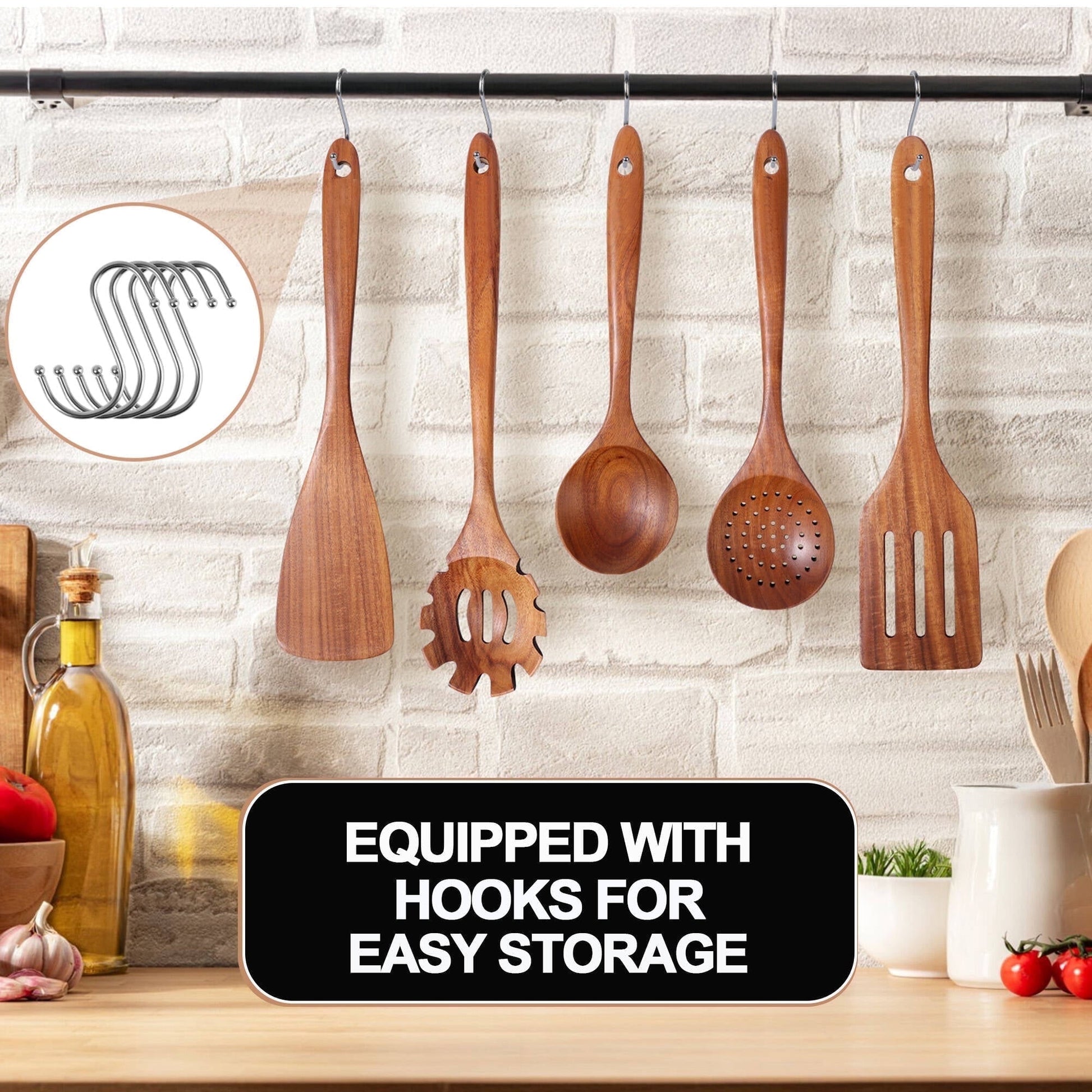 ACMETOP Wooden Spoons for Cooking, 10PCS Teak Wood Kitchen Utensils Set With 10 Hooks, Nonstick Cookware Utensil Set - Mother's Day Gift