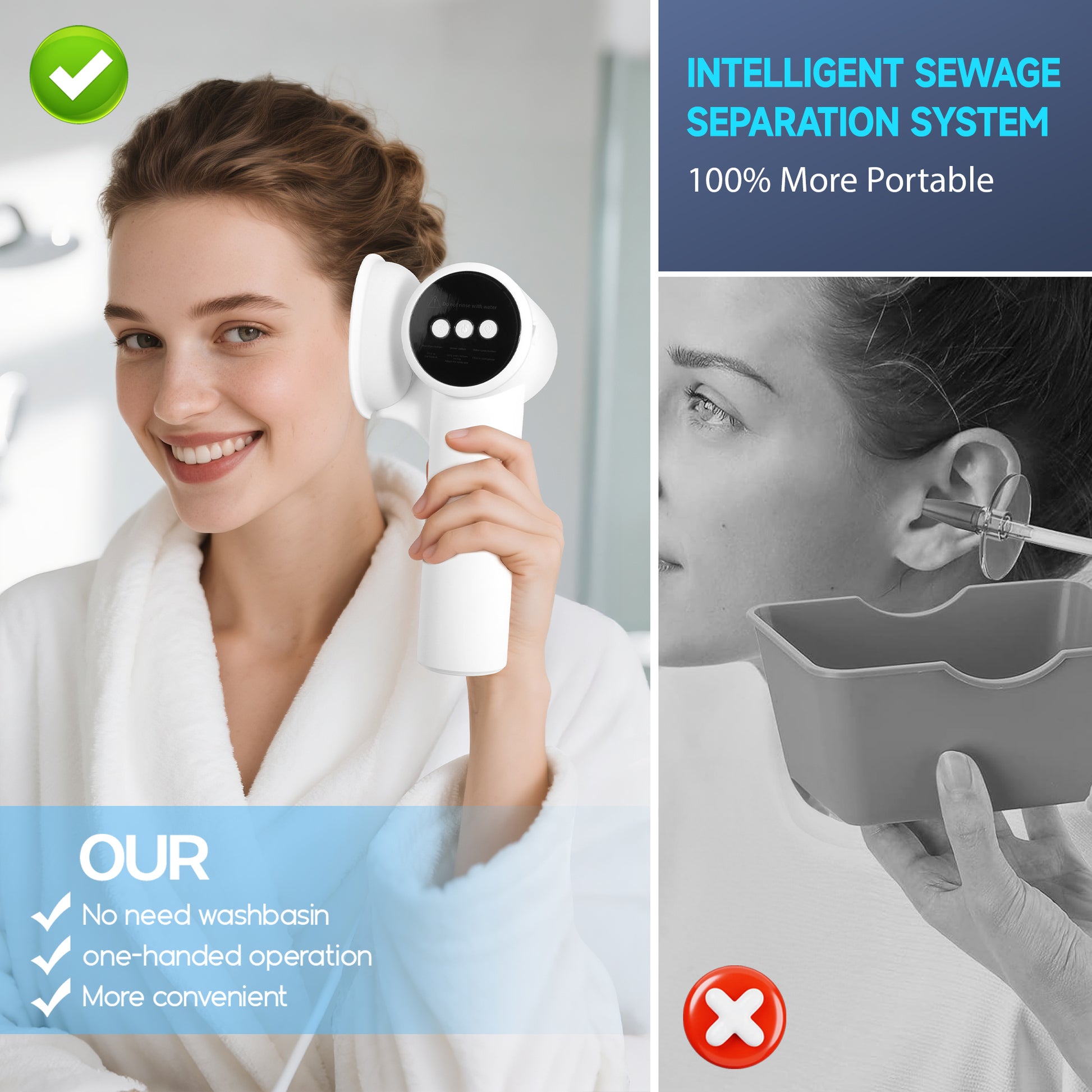 Morfone earwax removal with warm air drying ear cleaner. Ear irrigator with waste water and clean water tanks, featuring 5 water pressure modes.