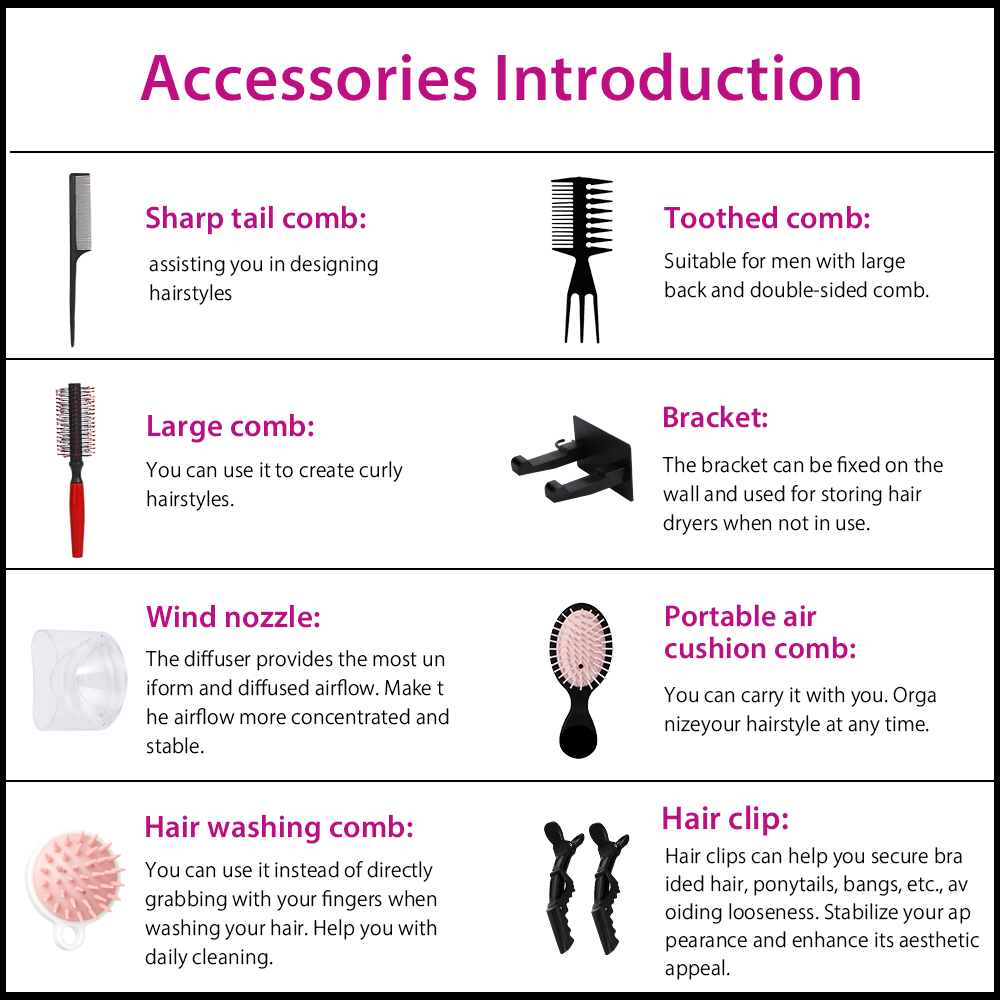 Morfone Black 10-piece hammer style hair dryer, with adjustable hot and cold air. A hair styling set with comb hair clips and a fan-shaped nozzle.