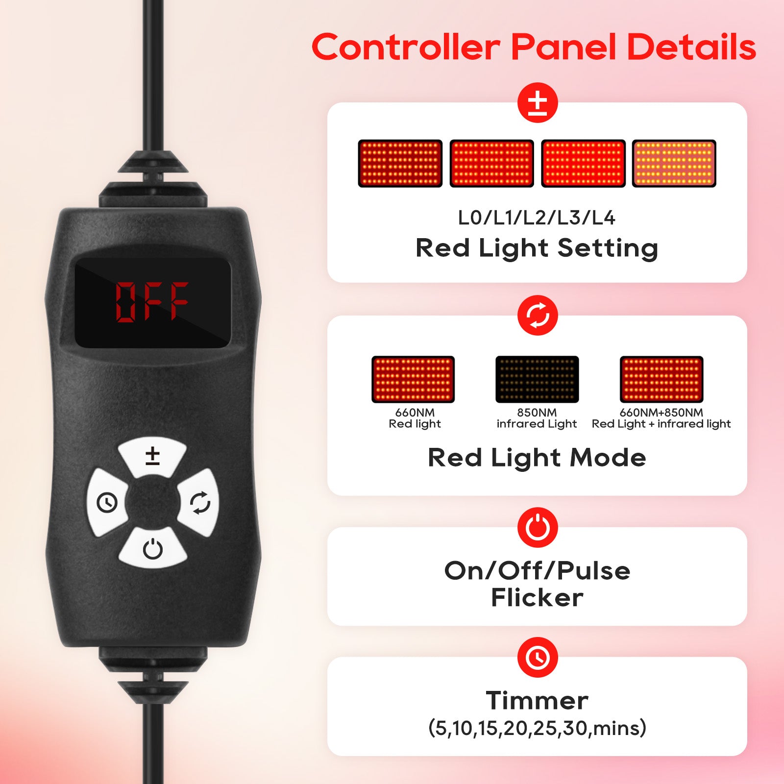 Morfone 120 and 200 models feature infrared light therapy lamps with wavelengths of 660nm, 850nm, and 940nm.Red light with wireless remote control.
