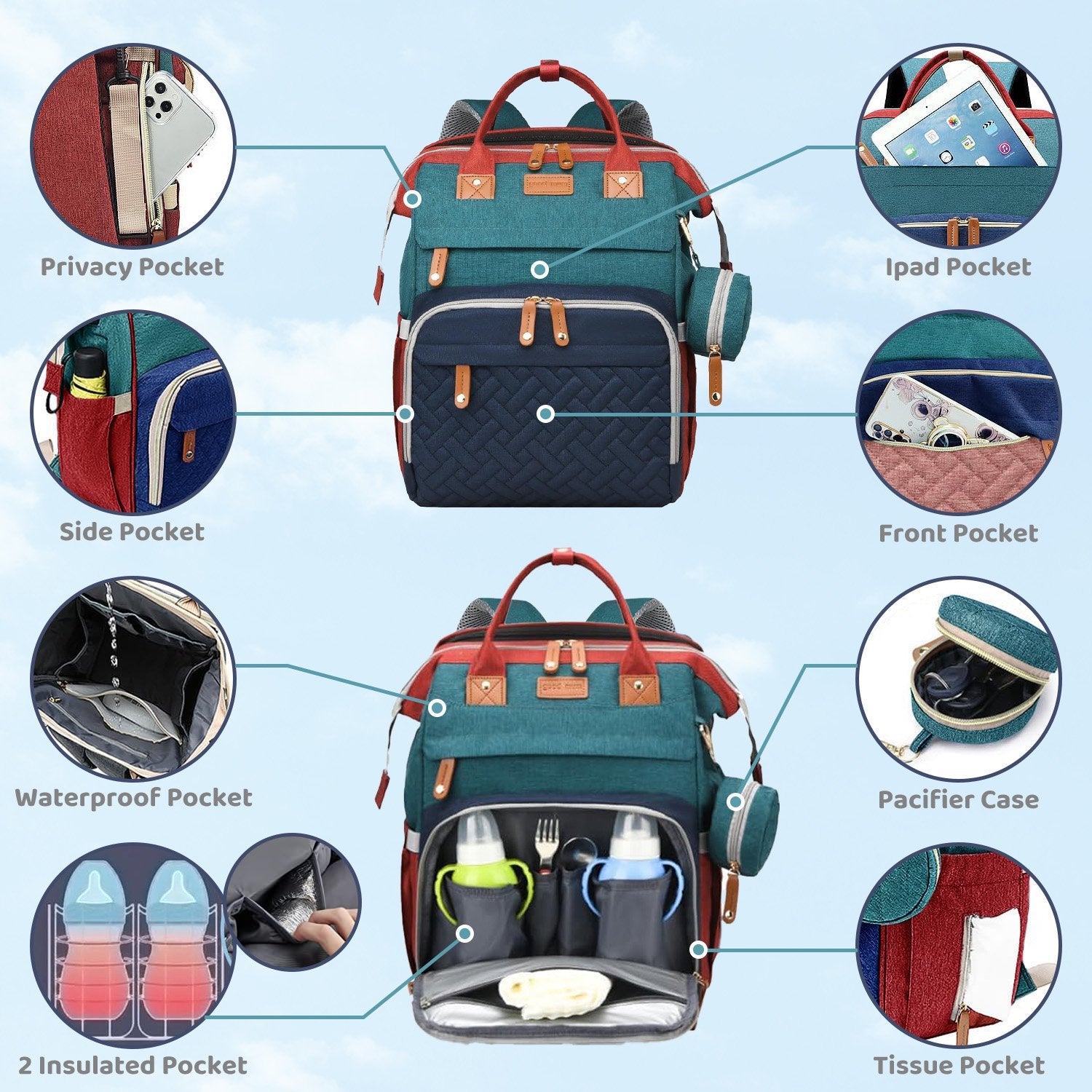 Morfone Diaper Bag Backpack with Changing Station, Large Capacity Baby Essentials Travel Tote, Waterproof Baby Bag with Changing Pad Stroller Straps & Pacifier Case - Unisex