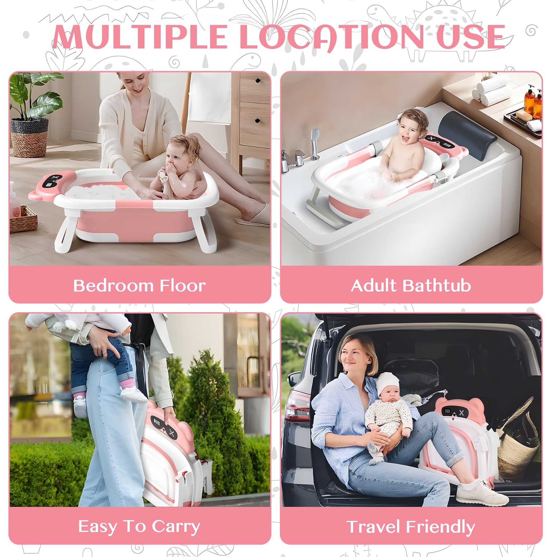Morfone Collapsible Baby Bathtub for Newborn to Toddler 0-36 months with Thermometer, Hooded Towel, Soft Cushion and Bath Toys, Portable Travel Baby Tub with Drain Hole