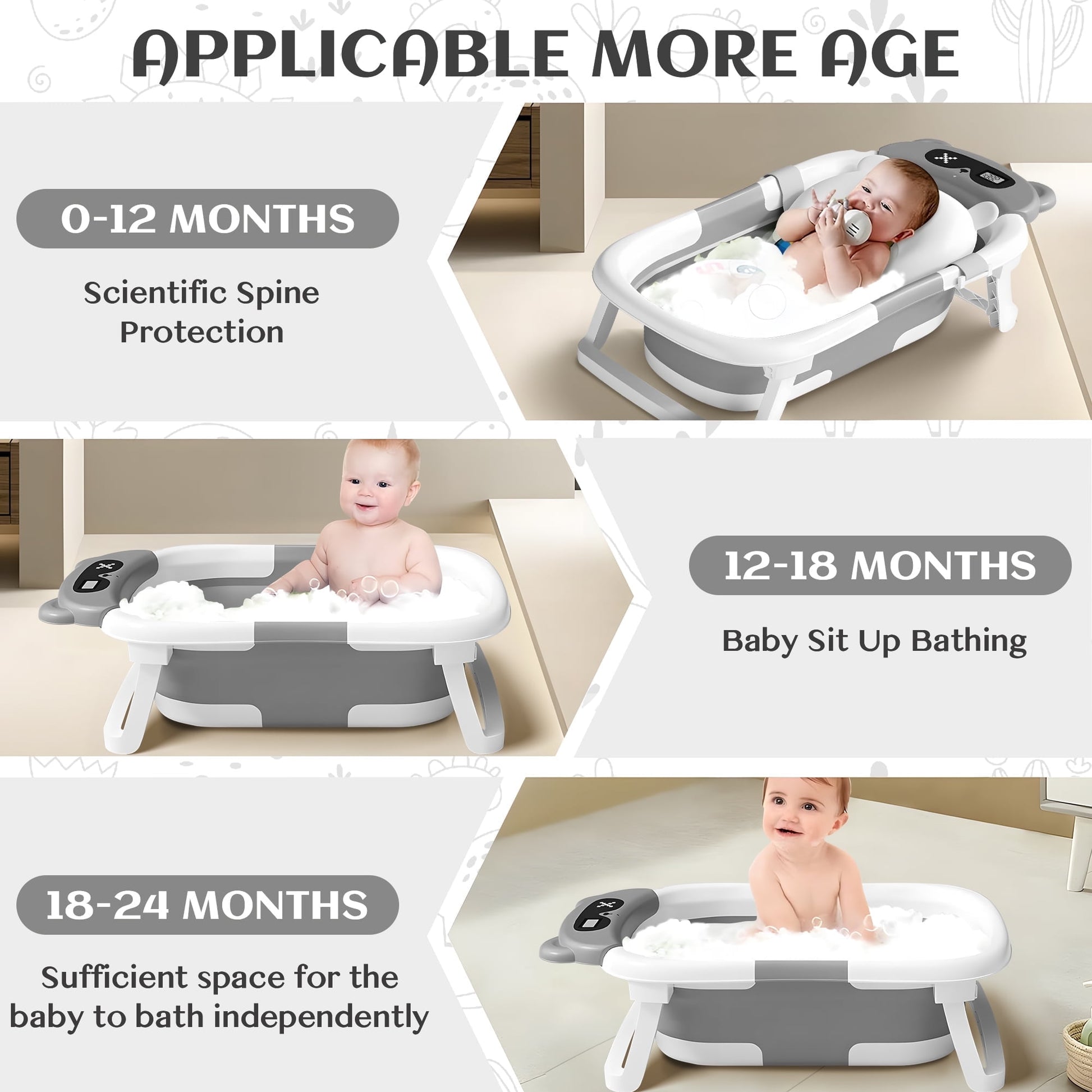 Morfone Collapsible Baby Bathtub for Newborn to Toddler 0-36 months with Thermometer, Hooded Towel, Soft Cushion and Bath Toys, Portable Travel Baby Tub with Drain Hole