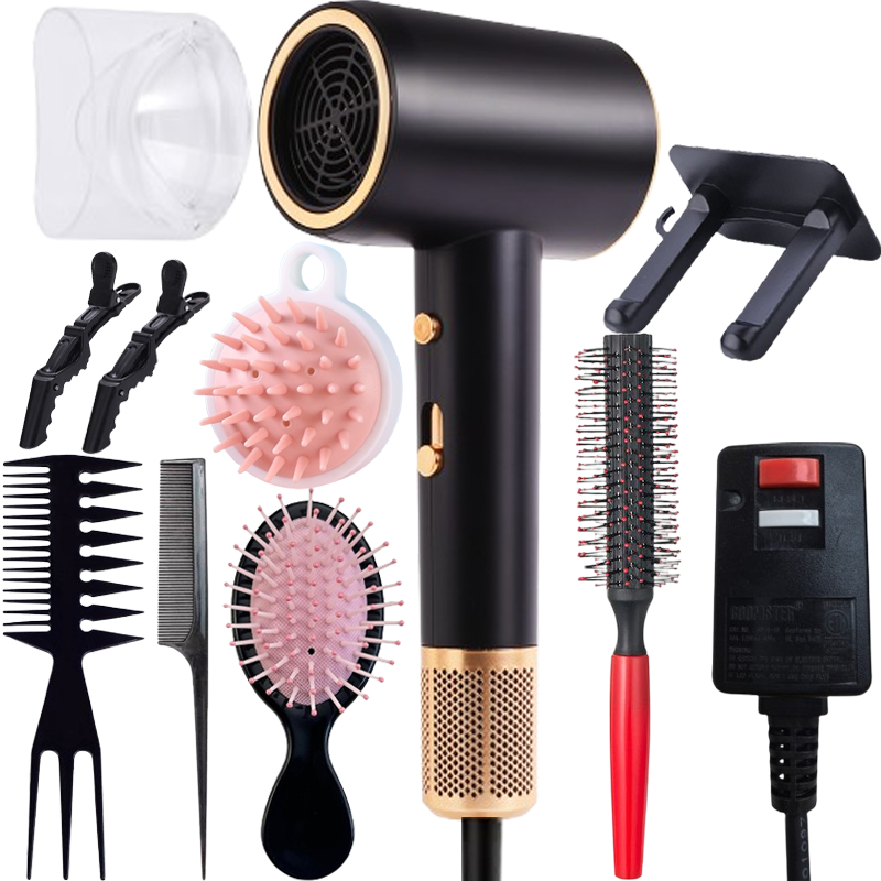 Morfone Black 10-piece hammer style hair dryer, with adjustable hot and cold air. A hair styling set with comb hair clips and a fan-shaped nozzle.