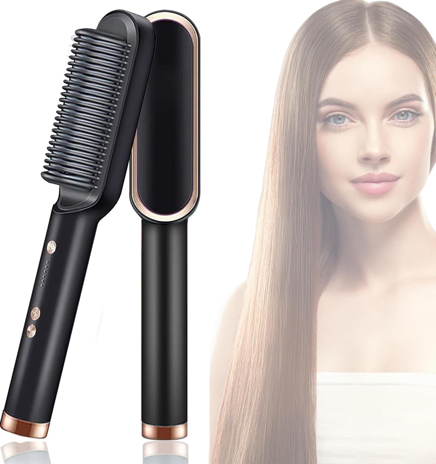 Ionic Hair Straightener Brush, Hair Straightening Comb with Negative Ions, Anti-Scald Ceramic Flat Iron Comb Fast Heating for Home Salon, Dual Voltage(Green)