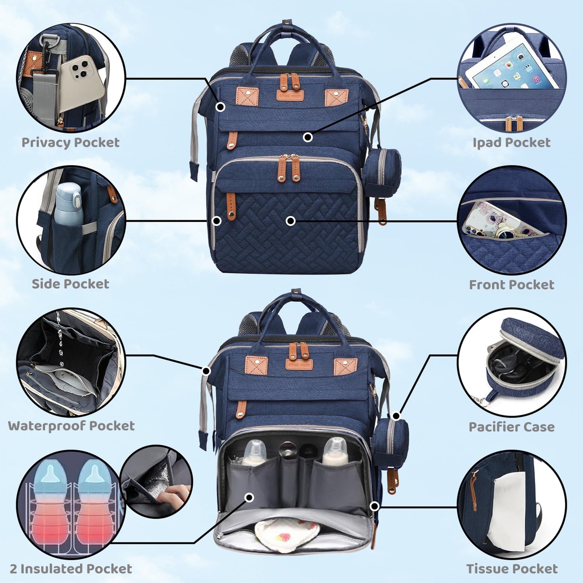 Morfone Diaper Bag Backpack with Changing Station, Large Capacity Baby Essentials Travel Tote, Waterproof Baby Bag with Changing Pad Stroller Straps & Pacifier Case - Unisex