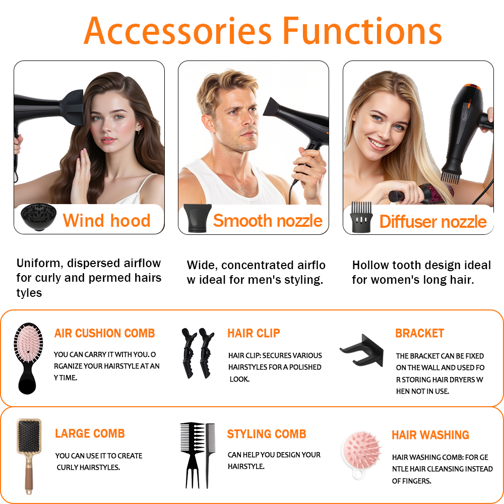 Morfone Black 12-piece Hair Dryer Set. Hair styling tools equipped with accessories such as combs, clips, and hair dryers. As a gift set.