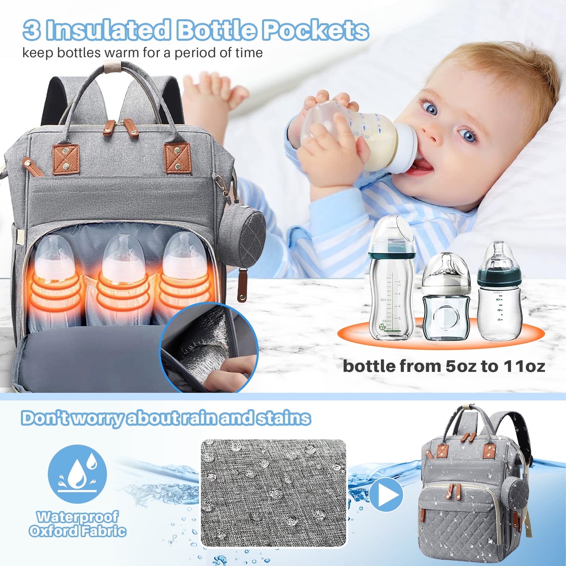 Morfone Baby Diaper Bag Backpack, Multifunction Waterproof Baby Bag with USB Charging Port, Stroller Straps & Pacifier Case Unisex