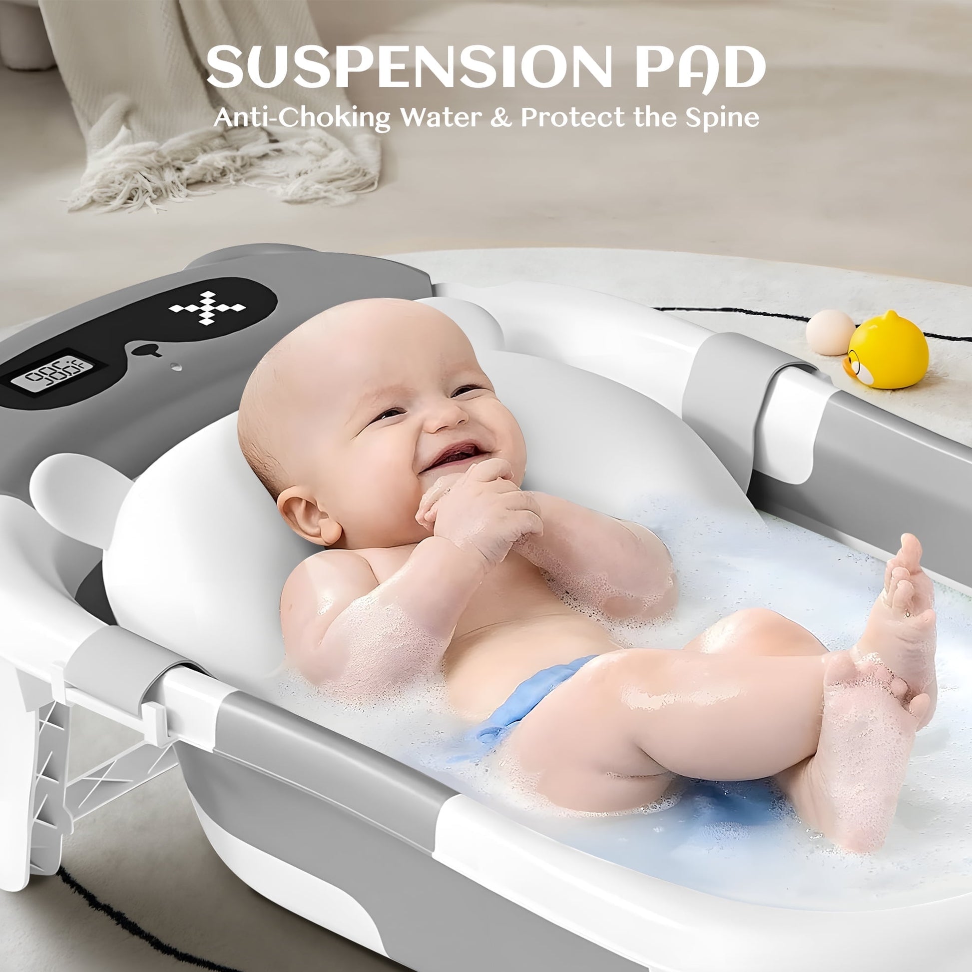 Morfone Collapsible Baby Bathtub for Newborn to Toddler 0-36 months with Thermometer, Hooded Towel, Soft Cushion and Bath Toys, Portable Travel Baby Tub with Drain Hole