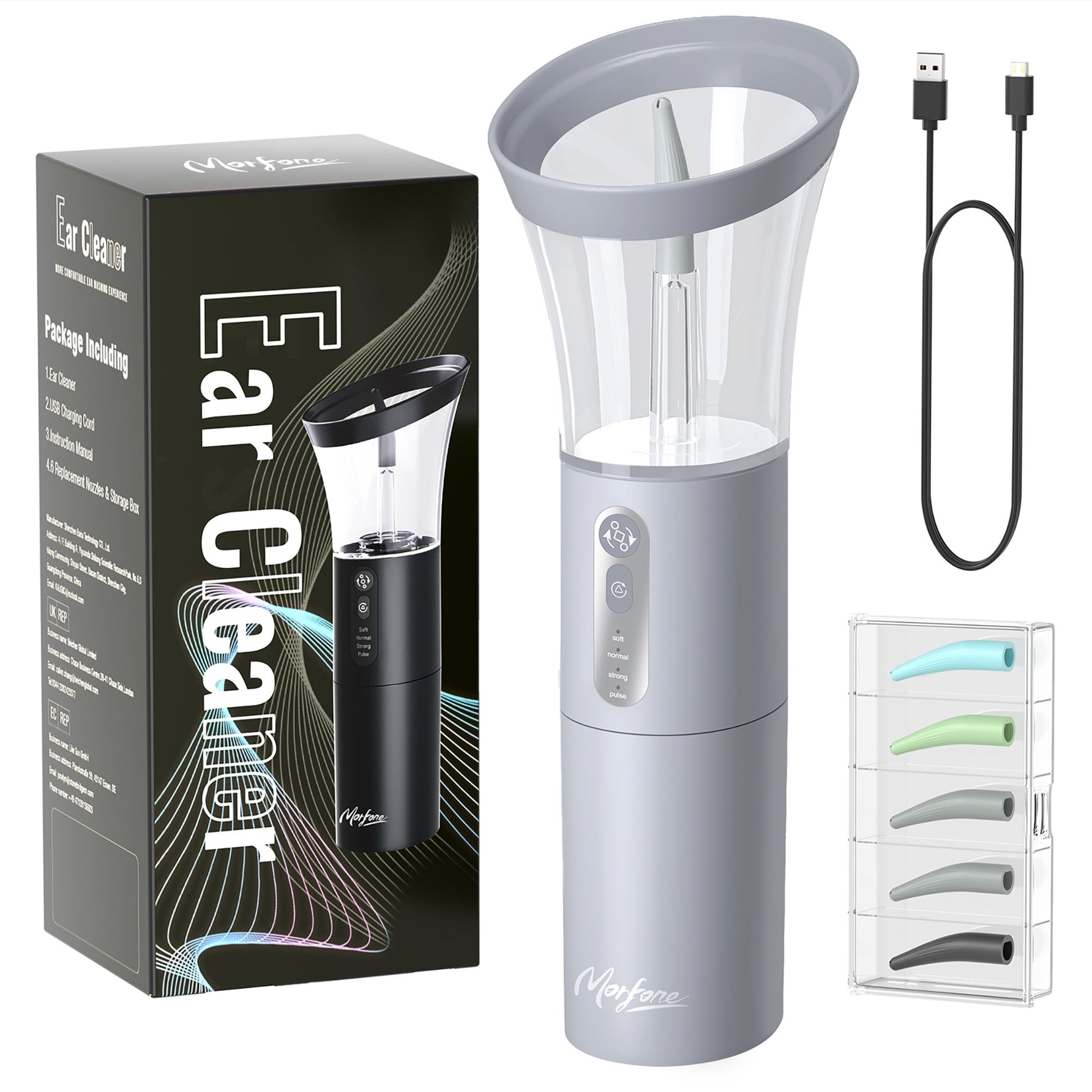 Morfone Ear Wax Removal with One-Piece Waste Tank, Ear Cleaner with Water Temperature Sensor, 4 Pressure Settings, Ear Cleaning Kit for Ear Wax Buildup & USB-C Cable, IPX6