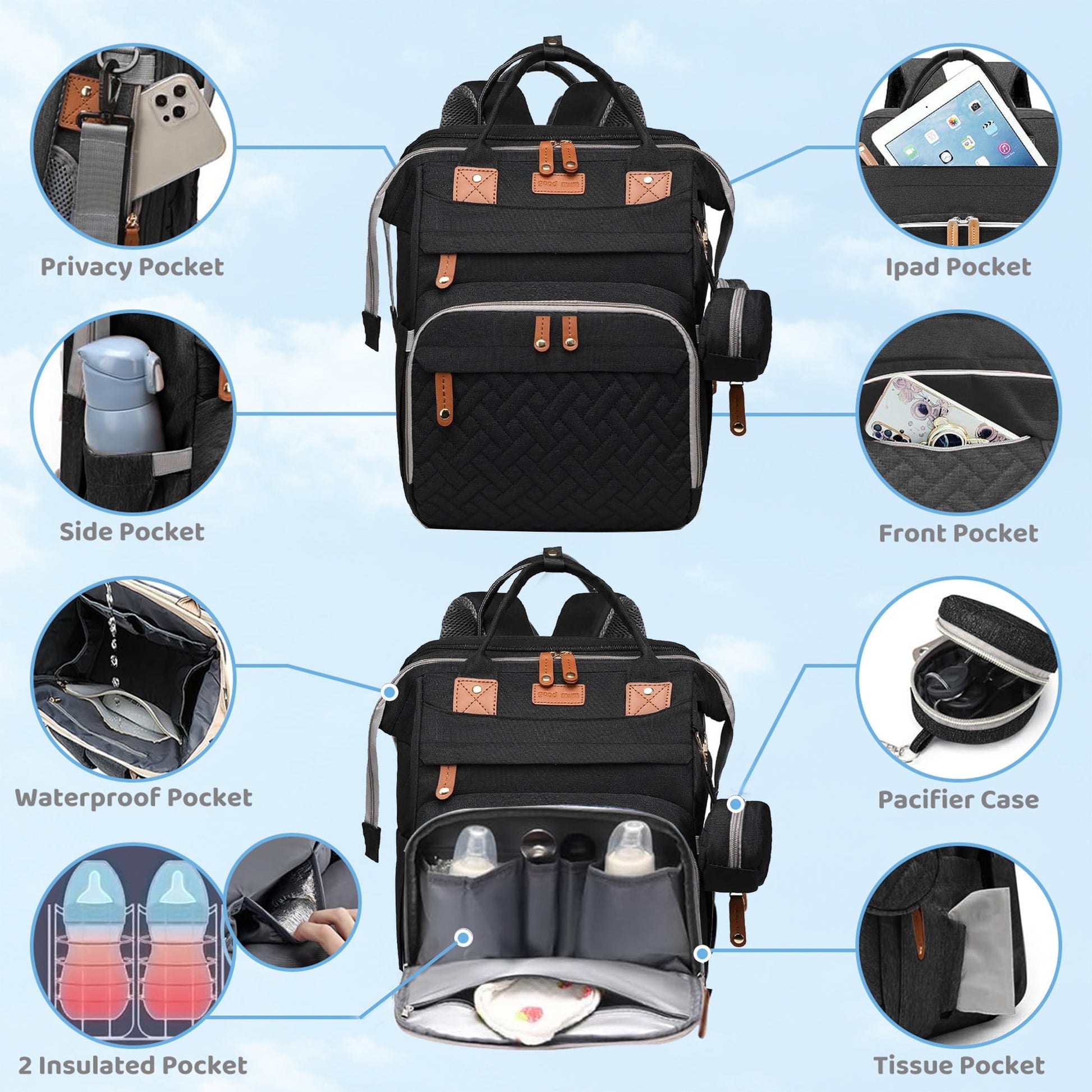 Morfone Diaper Bag Backpack with Changing Station, Large Capacity Baby Essentials Travel Tote, Waterproof Baby Bag with Changing Pad Stroller Straps & Pacifier Case - Unisex