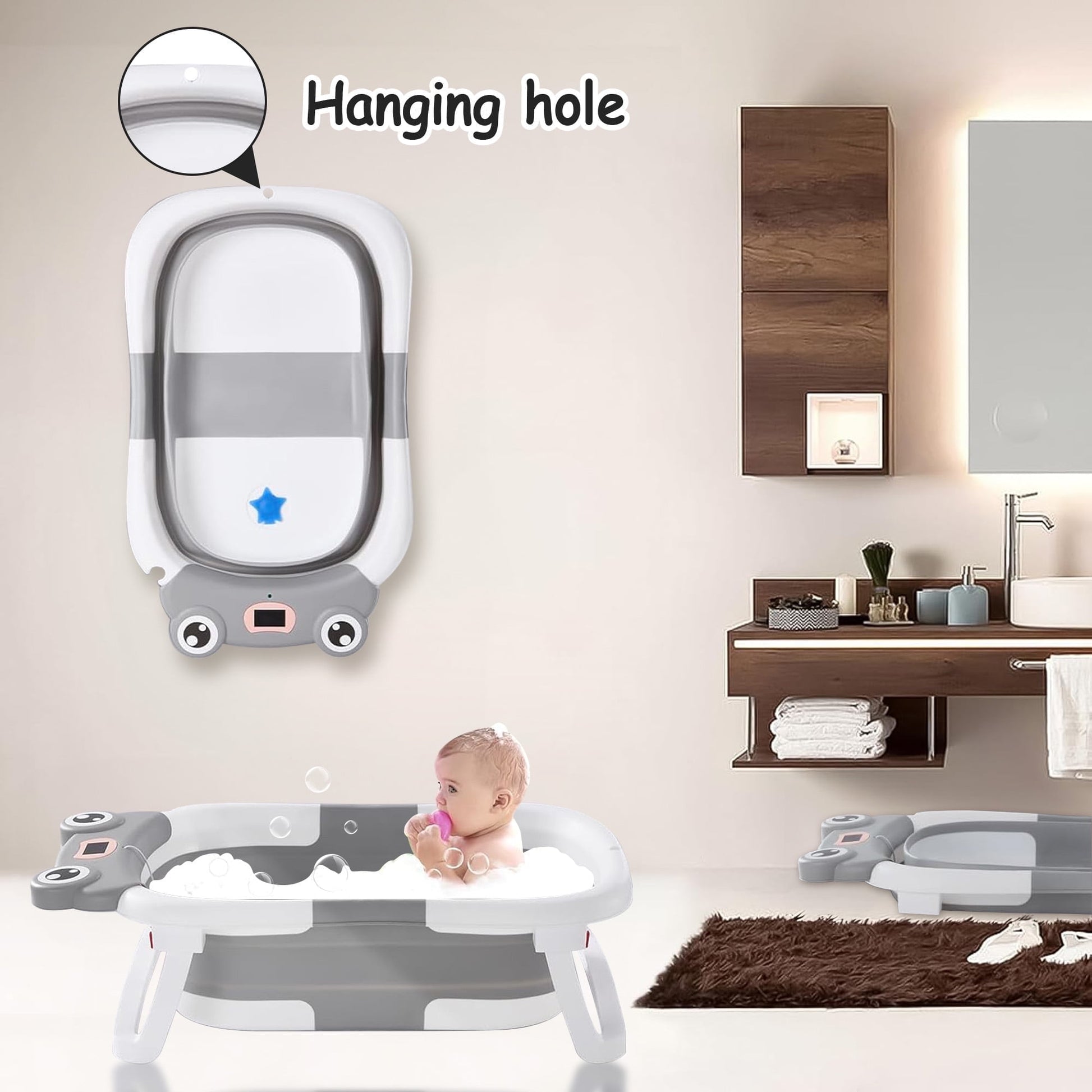 Morfone Collapsible Baby Bathtub with Thermometer, Hooded Towel, Soft Cushion and Bath Toys, Portable Travel Baby Tub for Newborn to Toddler 0-36 Months