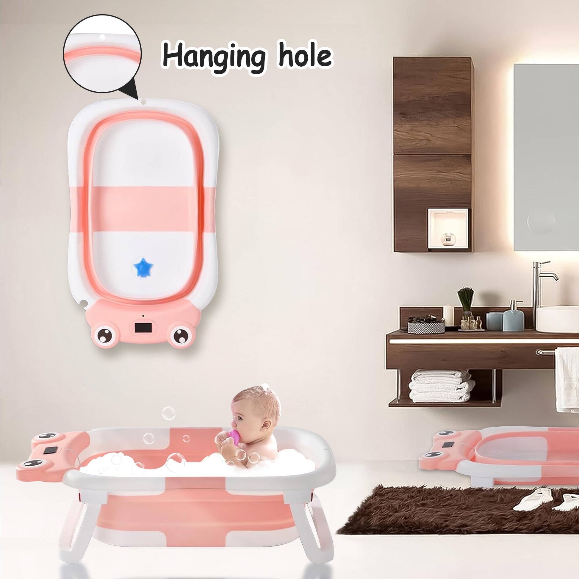 Morfone Collapsible Baby Bathtub with Thermometer, Hooded Towel, Soft Cushion and Bath Toys, Portable Travel Baby Tub for Newborn to Toddler 0-36 Months