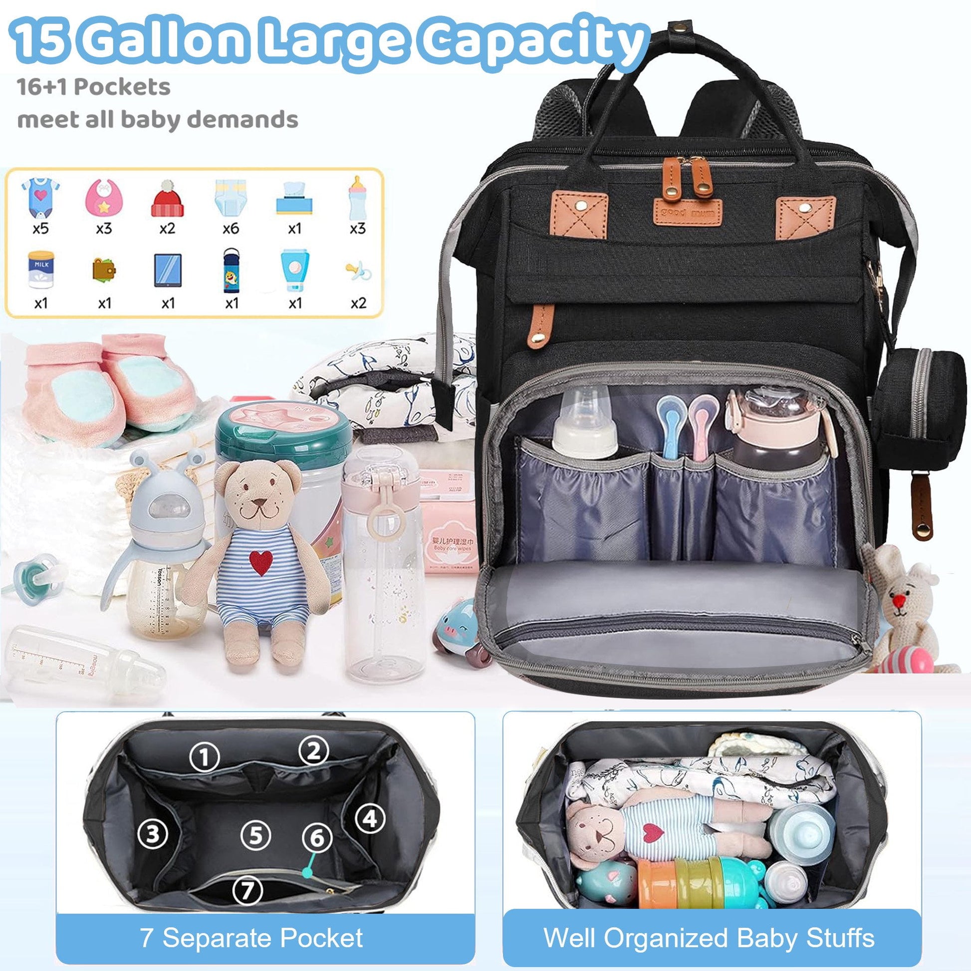 Morfone Diaper Bag Backpack with Changing Station, Large Capacity Baby Essentials Travel Tote, Waterproof Baby Bag with Changing Pad Stroller Straps & Pacifier Case - Unisex