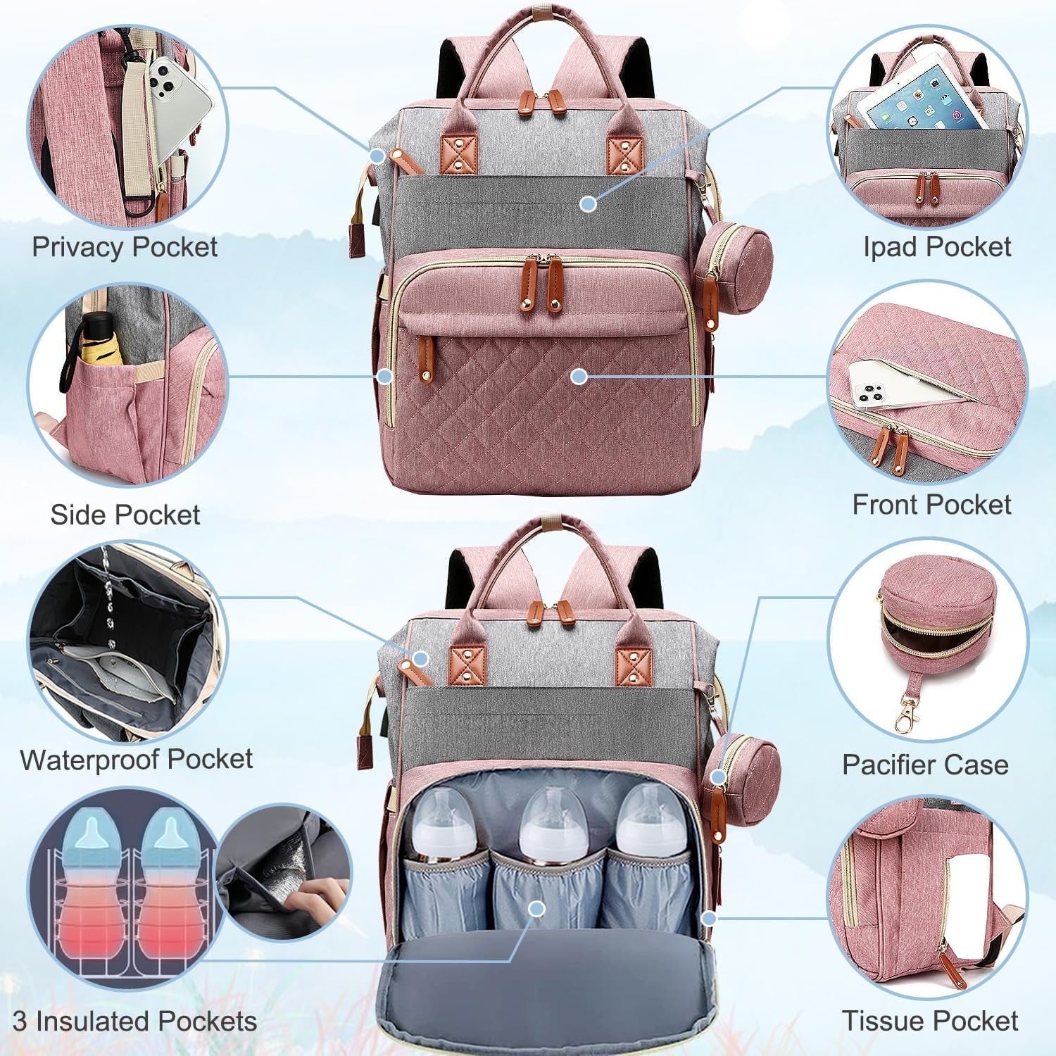 Morfone Baby Diaper Bag Backpack, Multifunction Waterproof Baby Bag with USB Charging Port, Stroller Straps & Pacifier Case Unisex