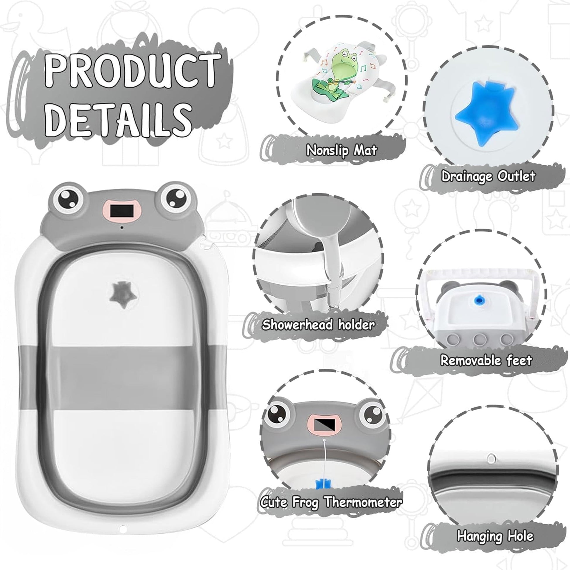Morfone Collapsible Baby Bathtub with Thermometer, Hooded Towel, Soft Cushion and Bath Toys, Portable Travel Baby Tub for Newborn to Toddler 0-36 Months