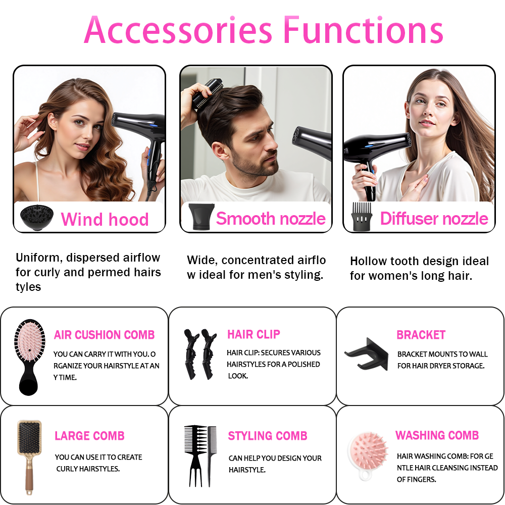 Morfone Black 12-piece Hair Dryer Set. Hair Styling Tools Equipped With Accessories Such As Combs, Clips, And Hair Dryers. As A Gift Set.