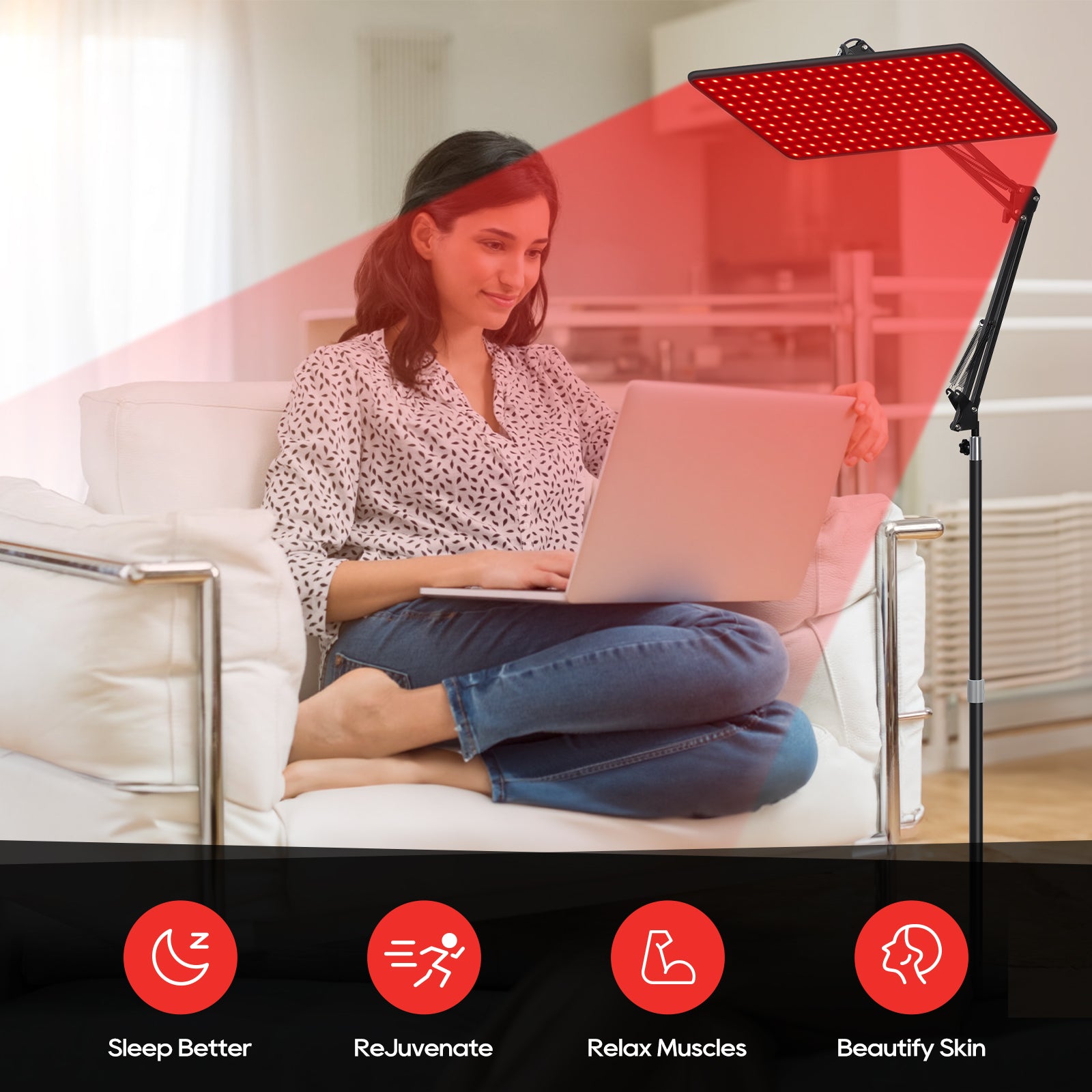 Morfone comes with a wireless remote control and 660nm, 850nm, 940nm infrared light therapy lamps. It is a home-use red light treatment device.