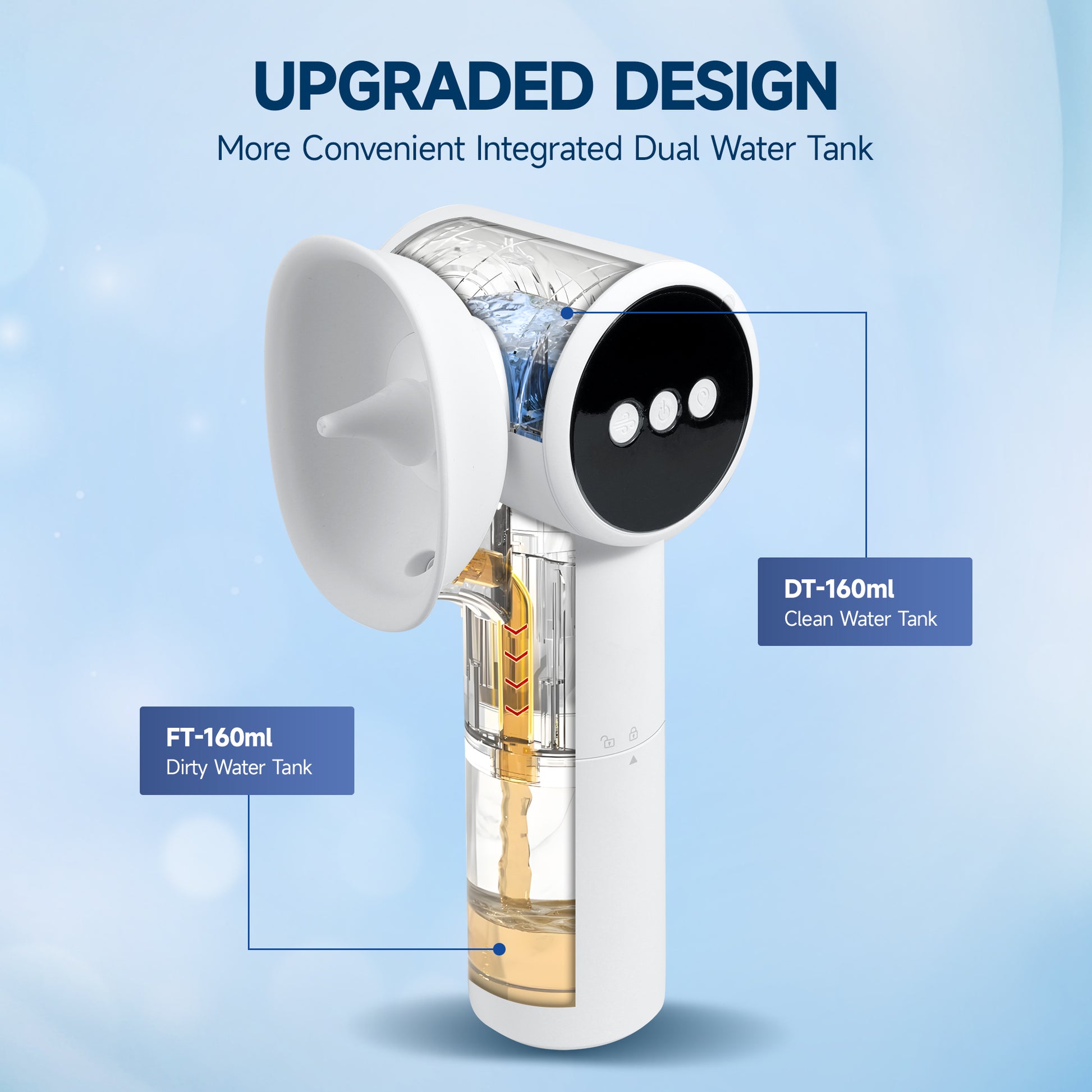 Morfone earwax removal with warm air drying ear cleaner. Ear irrigator with waste water and clean water tanks, featuring 5 water pressure modes.