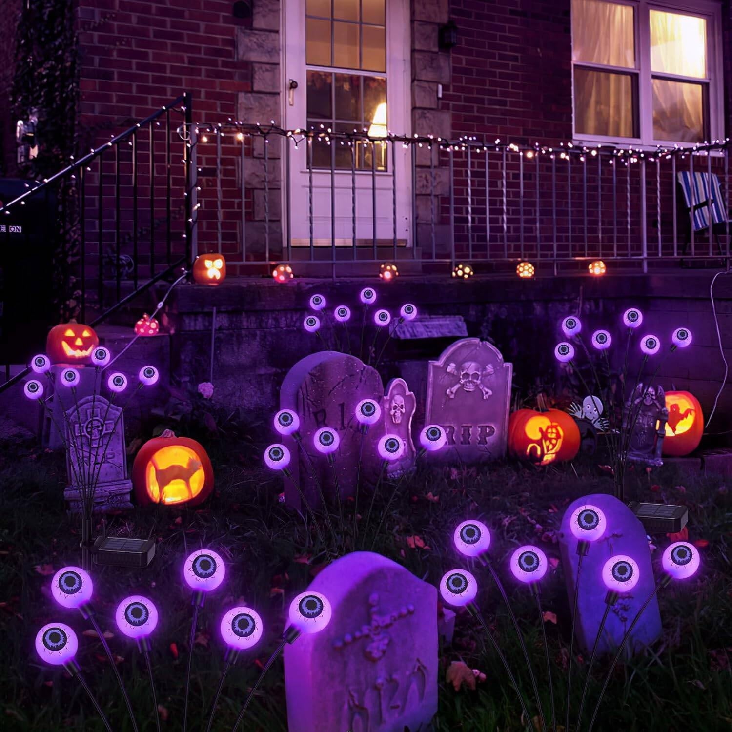 Morfone Halloween Decorations Outdoor, 2 Pack 12 LED Scary Eyeball Solar Halloween Lights, 2 Mode Waterproof Swaying Outside Decor, Solar Light Decorations for Garden Yard Party