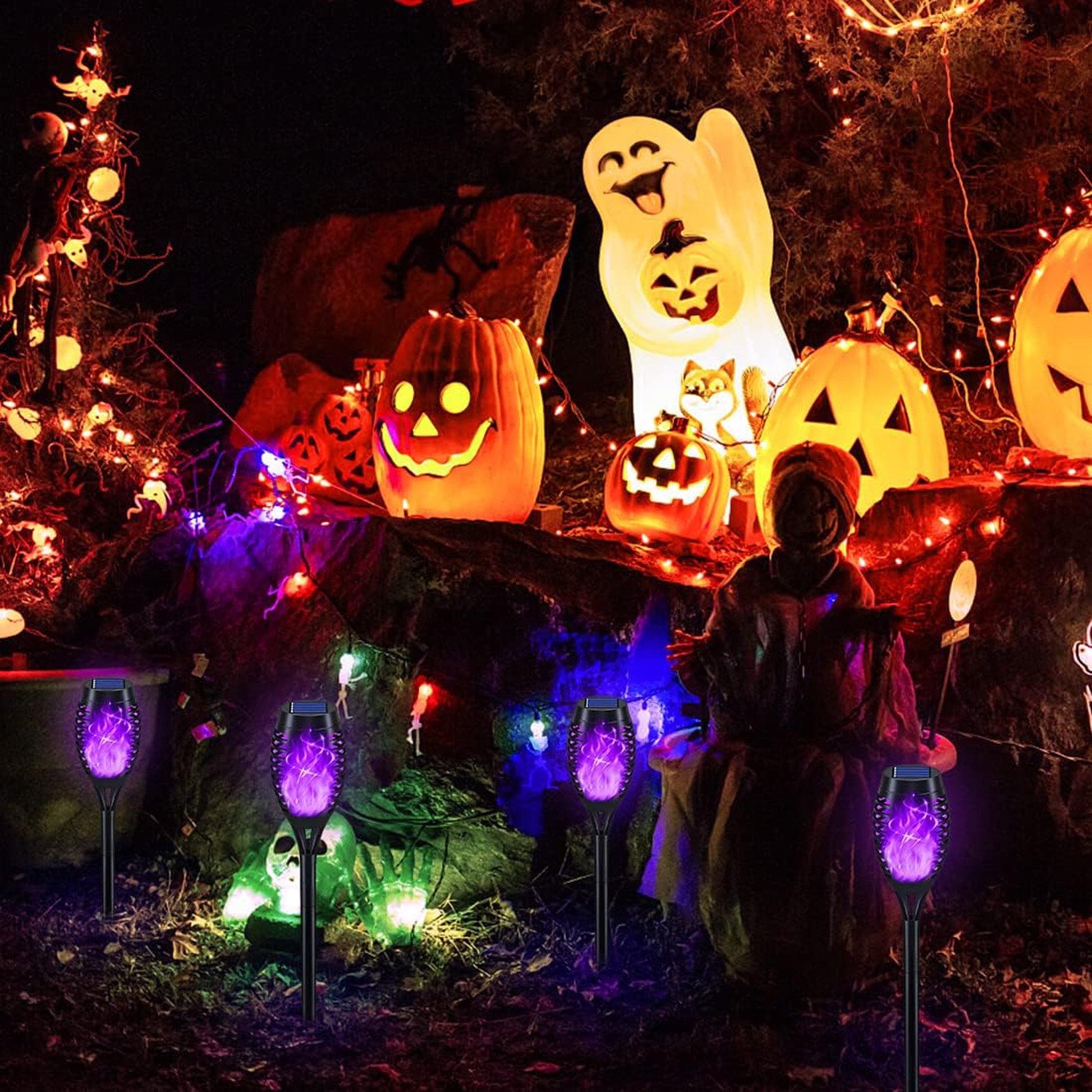 ACMETOP Halloween Decorations Solar Lights Outdoor, 8Pack Purple Flickering Flame Solar Torch Lights for Garden Decor, Waterproof Halloween Lighting Outdoor for Yard Patio Lawn Path Scary