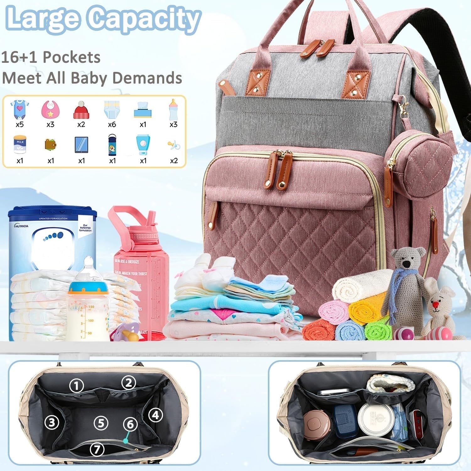 Morfone Baby Diaper Bag Backpack, Multifunction Waterproof Baby Bag with USB Charging Port, Stroller Straps & Pacifier Case Unisex