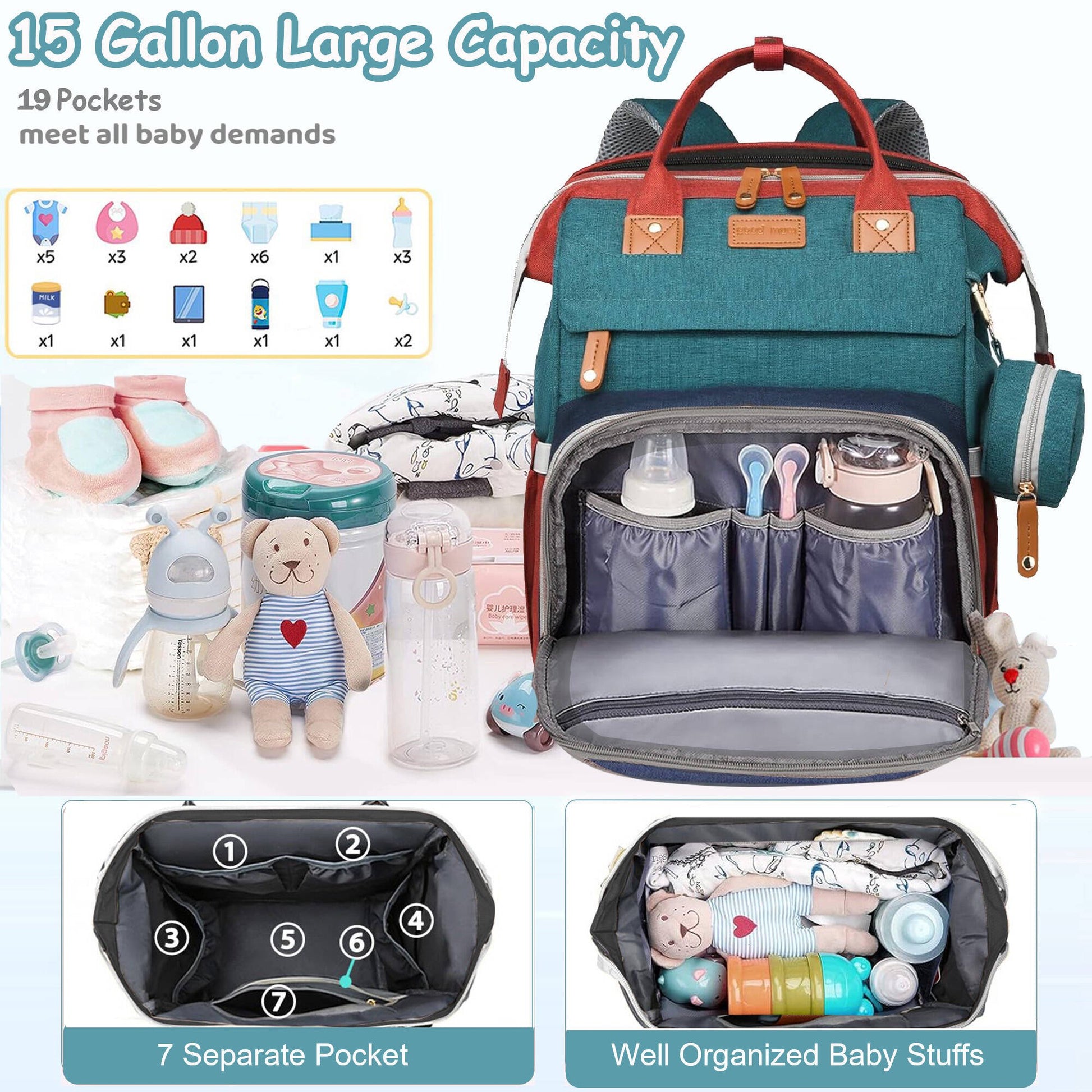 Morfone Diaper Bag Backpack with Changing Station, Large Capacity Baby Essentials Travel Tote, Waterproof Baby Bag with Changing Pad Stroller Straps & Pacifier Case - Unisex