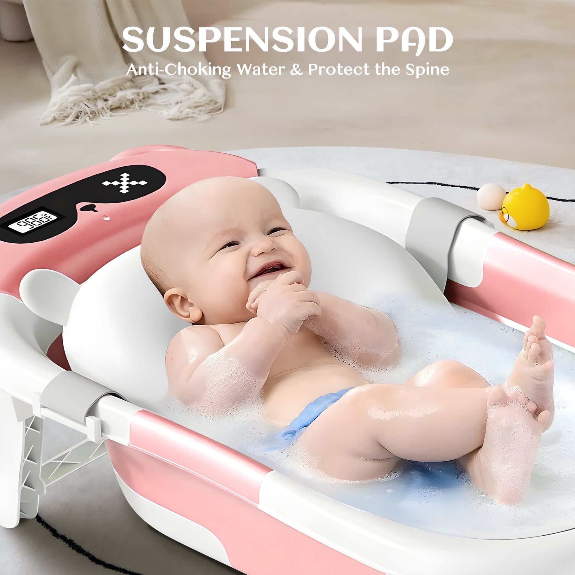 Morfone Collapsible Baby Bathtub for Newborn to Toddler 0-36 months with Thermometer, Hooded Towel, Soft Cushion and Bath Toys, Portable Travel Baby Tub with Drain Hole