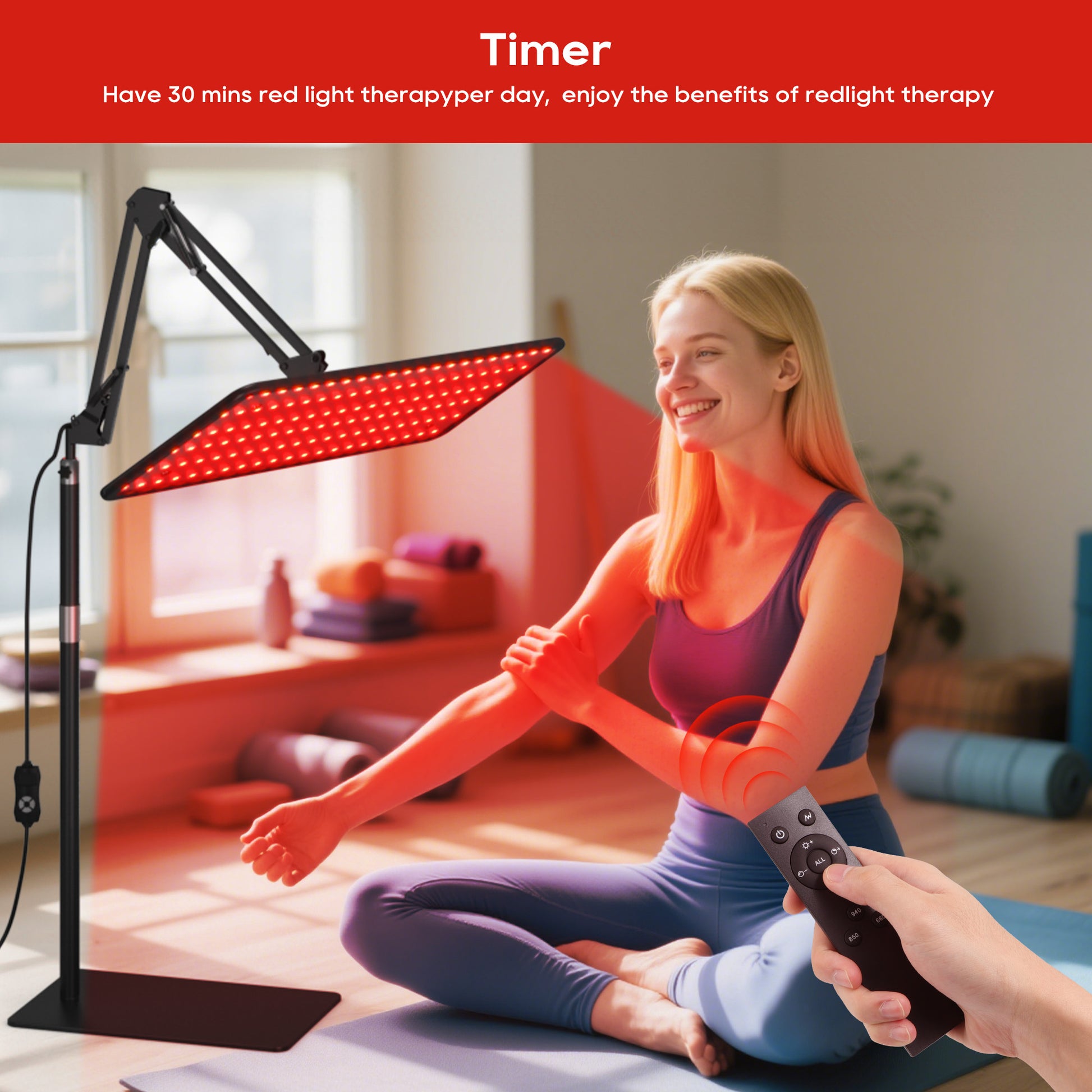 Morfone infrared light therapy lamps with wavelengths of 660nm, 850nm and 940nm. A red light therapy device equipped with a wireless remote control.