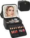 Makeup Bag with LED Mirror, Travel Makeup Case with Rechargeable Lighted Mirror 3 Color Lights, Dual Layer Cosmetic Box Makeup Brush Lipstick Holder Organizer for Women, Leather Black