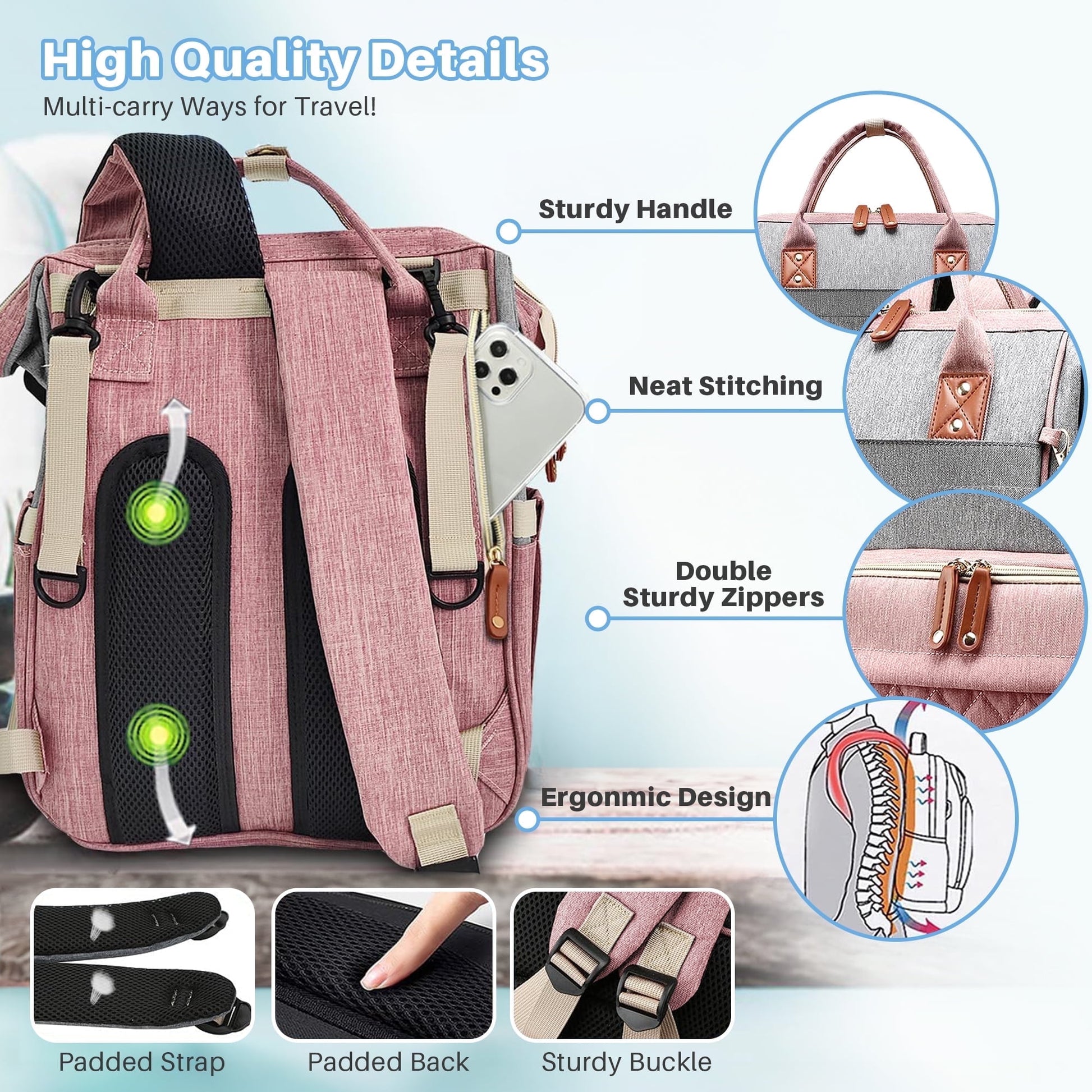 Morfone Baby Diaper Bag Backpack, Multifunction Waterproof Baby Bag with USB Charging Port, Stroller Straps & Pacifier Case Unisex