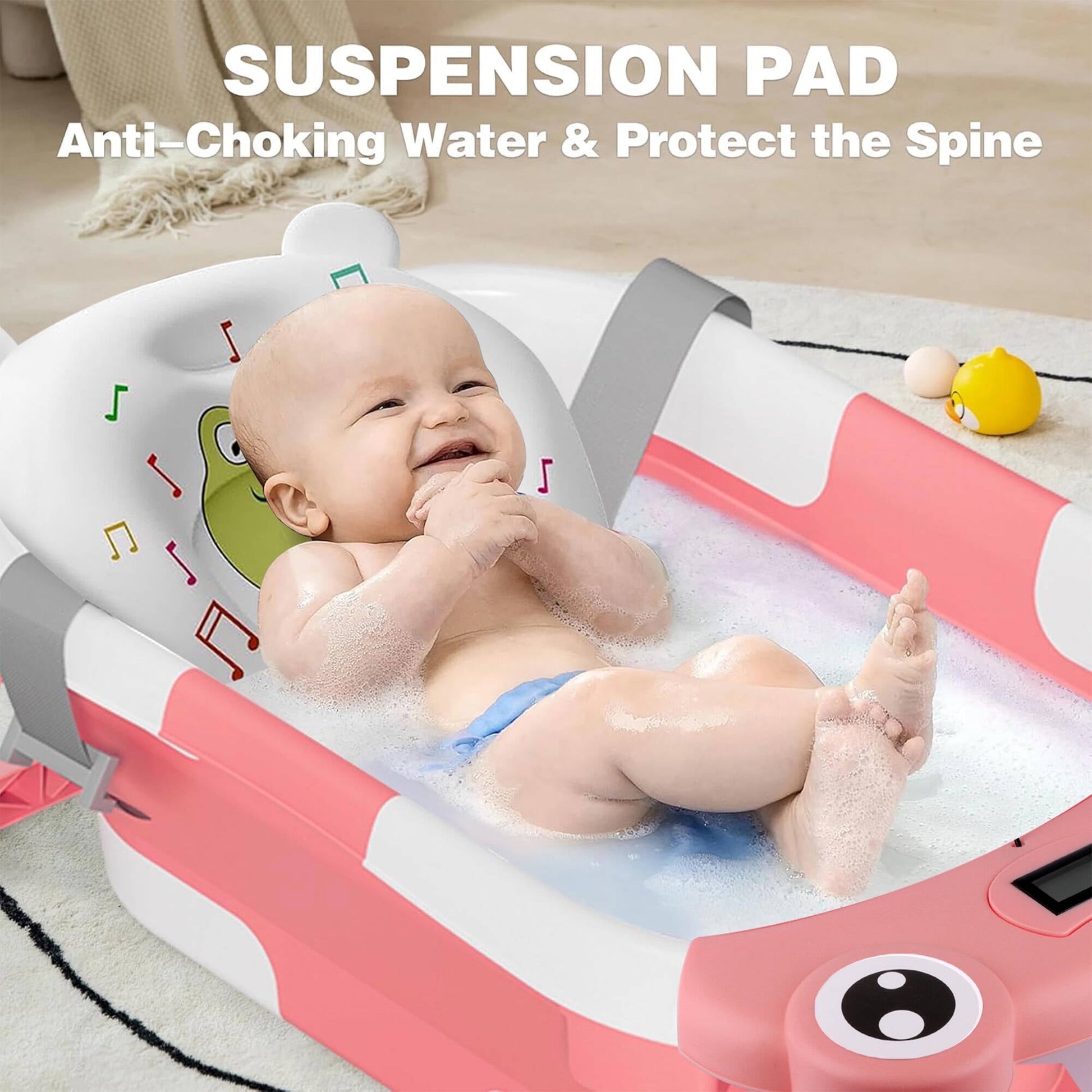 Morfone Collapsible Baby Bathtub with Thermometer, Hooded Towel, Soft Cushion and Bath Toys, Portable Travel Baby Tub for Newborn to Toddler 0-36 Months