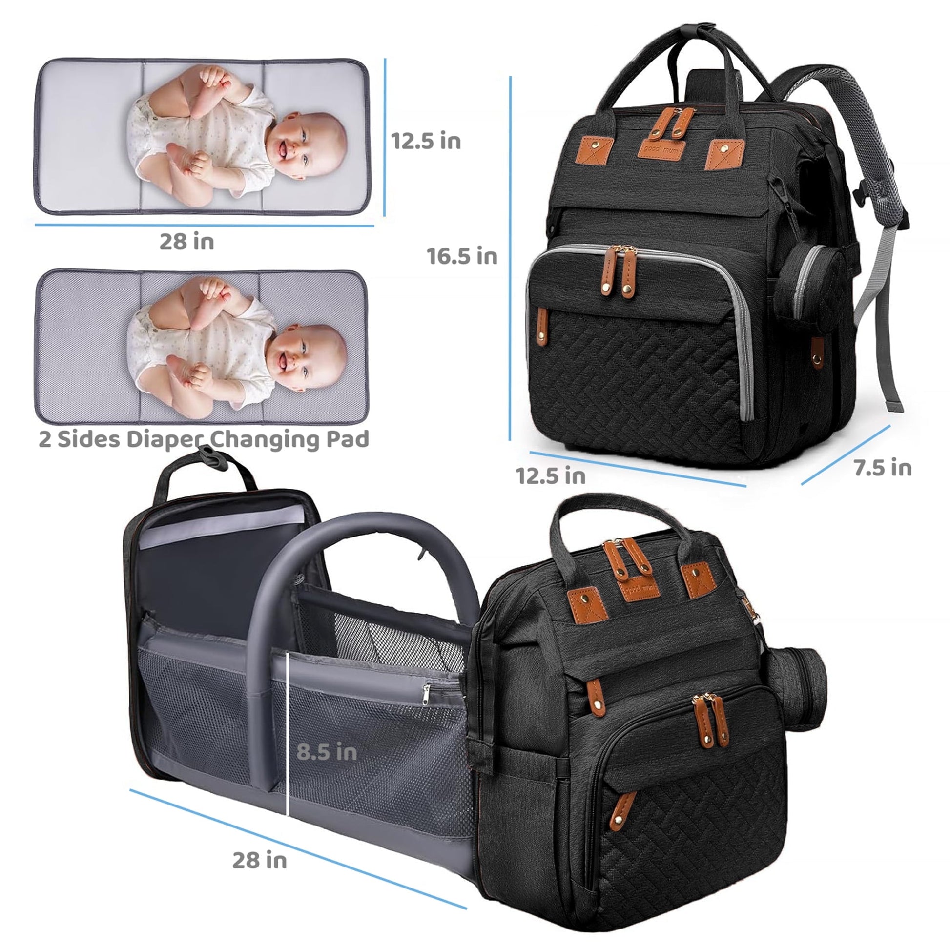 Morfone Diaper Bag Backpack with Changing Station, Large Capacity Baby Essentials Travel Tote, Waterproof Baby Bag with Changing Pad Stroller Straps & Pacifier Case - Unisex