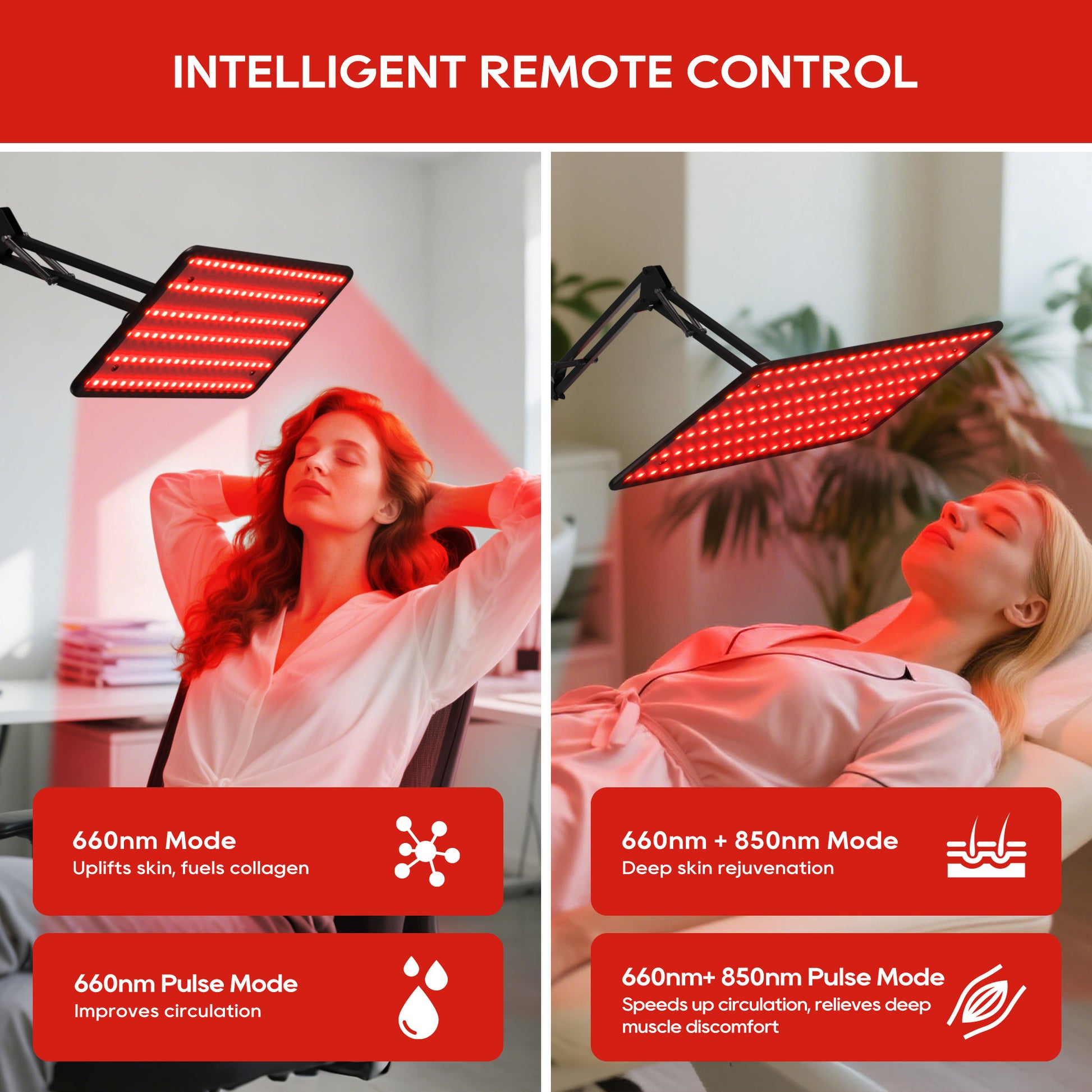Morfone infrared light therapy lamps with wavelengths of 660nm, 850nm and 940nm. A red light therapy device equipped with a wireless remote control.