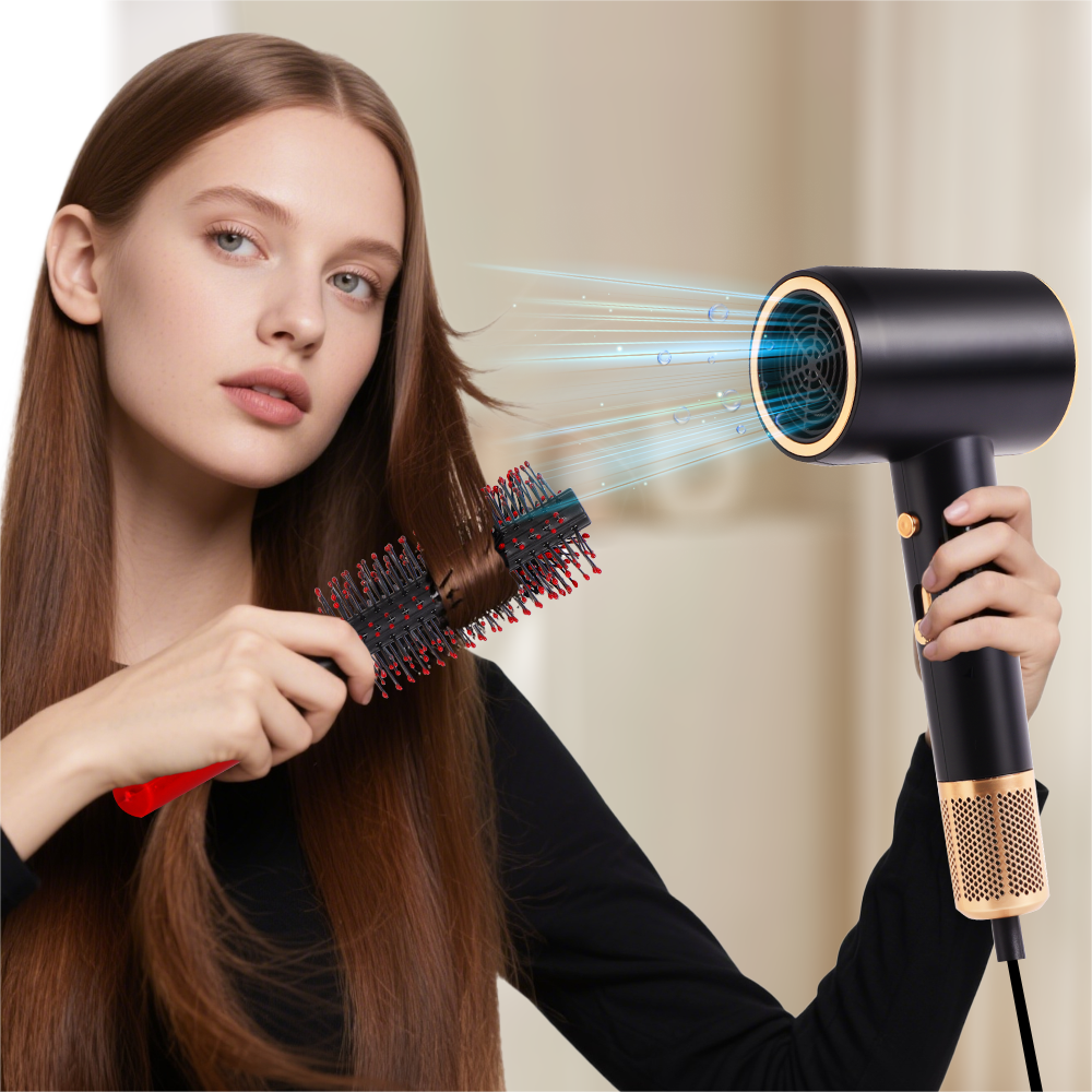 Morfone Black 10-piece hammer style hair dryer, with adjustable hot and cold air. A hair styling set with comb hair clips and a fan-shaped nozzle.