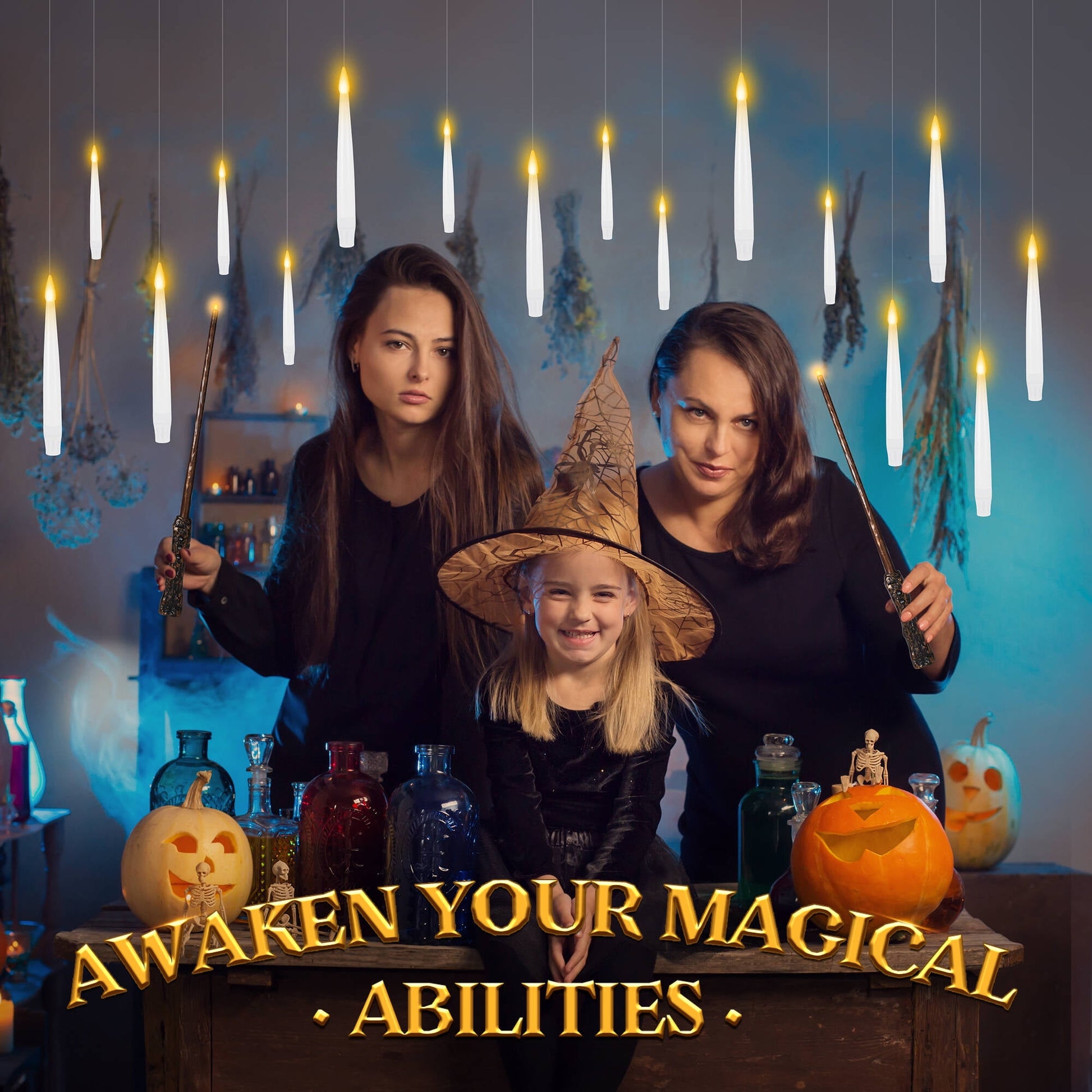 Morfone Halloween Decorations, 12 PCs Floating Candles with Wand Magic Hanging Candles, Flickering Warm Light Flameless Floating LED Candle