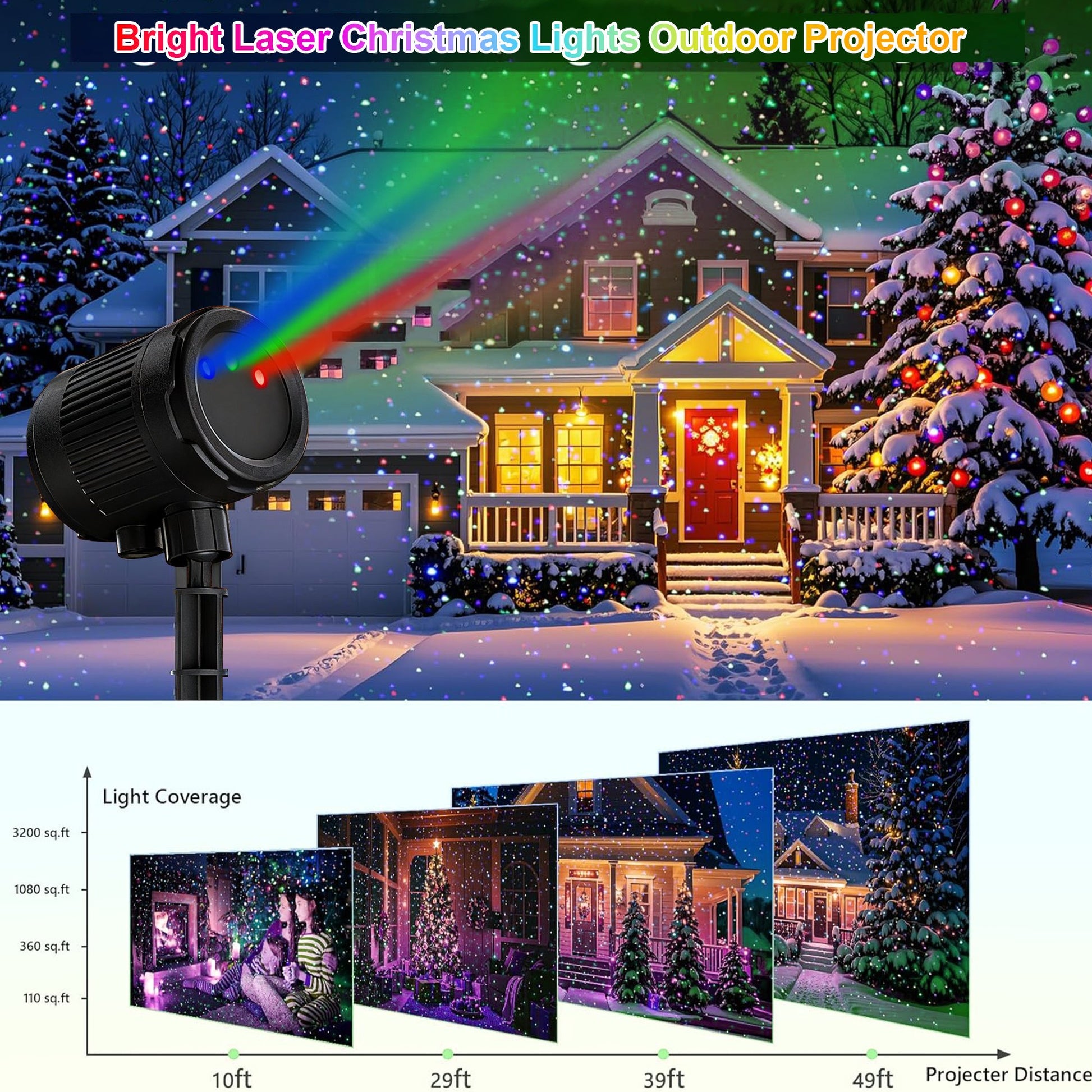 Laser Christmas Projector Lights Outdoor, 2 Colors Red Green Holiday Projector Landscape Spotlight Decorations for House/Garden/Party