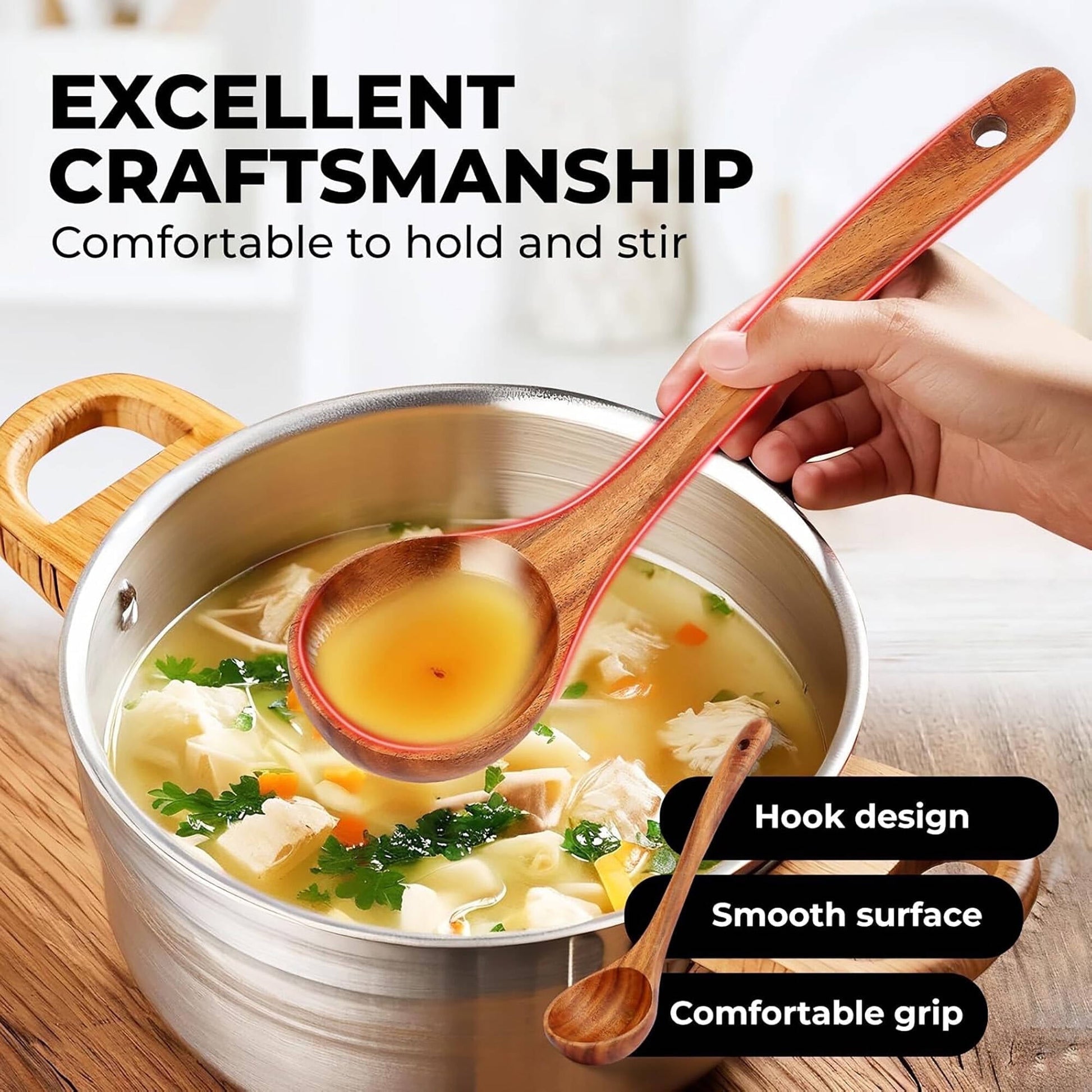 ACMETOP Wooden Spoons for Cooking, 10PCS Teak Wood Kitchen Utensils Set With 10 Hooks, Nonstick Cookware Utensil Set - Mother's Day Gift