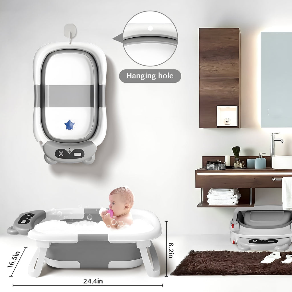 Morfone Collapsible Baby Bathtub for Newborn to Toddler 0-36 months with Thermometer, Hooded Towel, Soft Cushion and Bath Toys, Portable Travel Baby Tub with Drain Hole