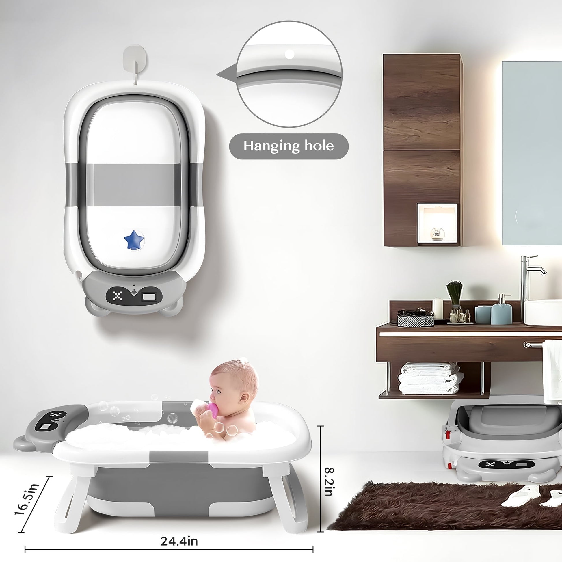 Morfone Collapsible Baby Bathtub for Newborn to Toddler 0-36 months with Thermometer, Hooded Towel, Soft Cushion and Bath Toys, Portable Travel Baby Tub with Drain Hole