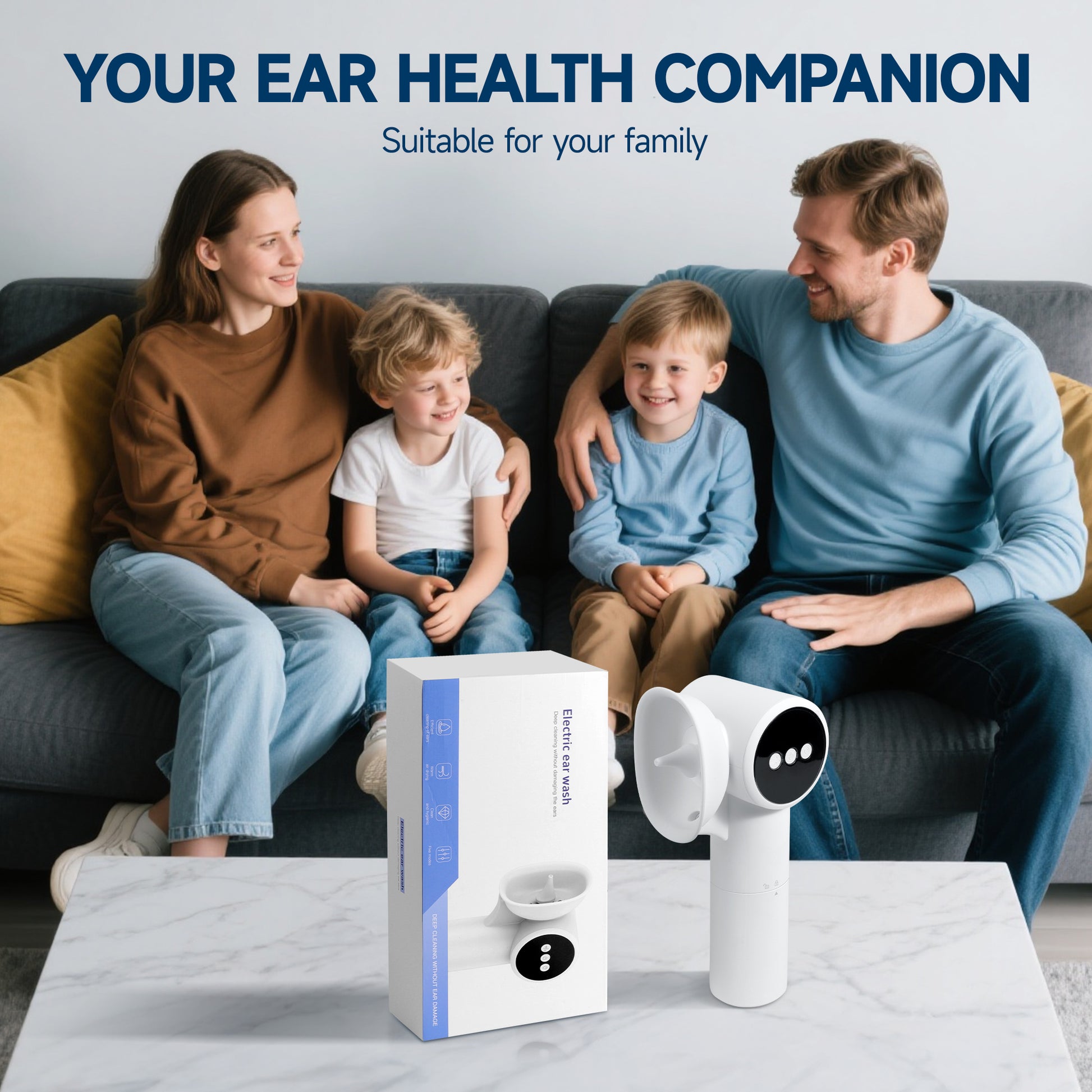 Morfone earwax removal with warm air drying ear cleaner. Ear irrigator with waste water and clean water tanks, featuring 5 water pressure modes.