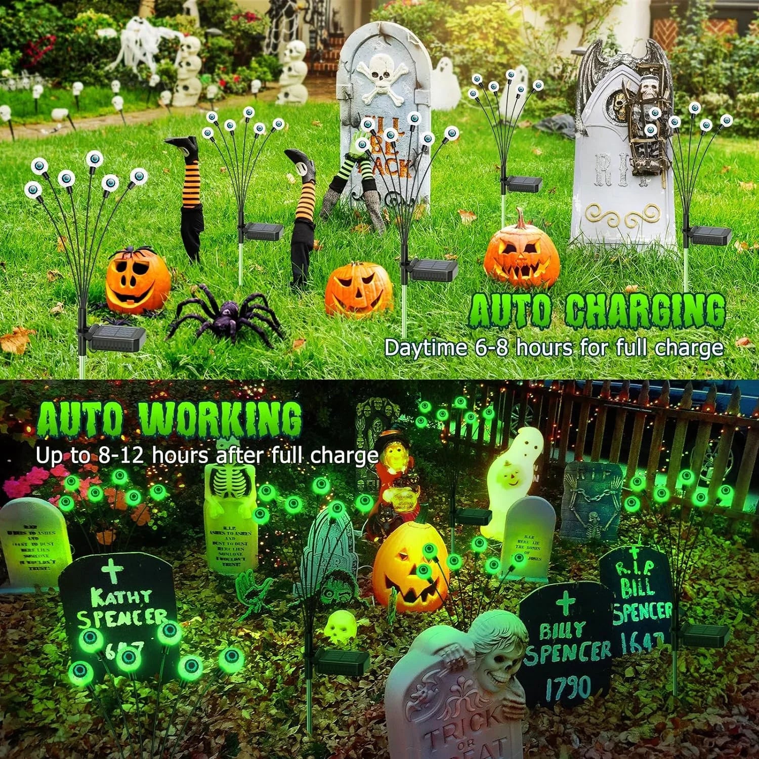 Morfone Halloween Decorations Outdoor, 2 Pack 12 LED Scary Eyeball Solar Halloween Lights, 2 Mode Waterproof Swaying Outside Decor, Solar Light Decorations for Garden Yard Party