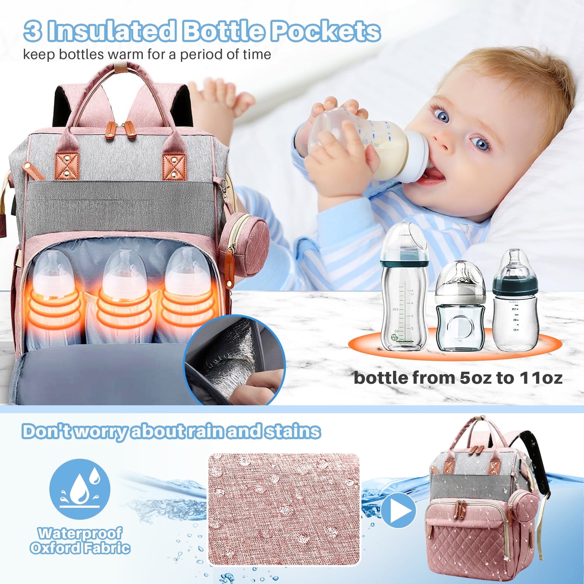 Morfone Baby Diaper Bag Backpack, Multifunction Waterproof Baby Bag with USB Charging Port, Stroller Straps & Pacifier Case Unisex