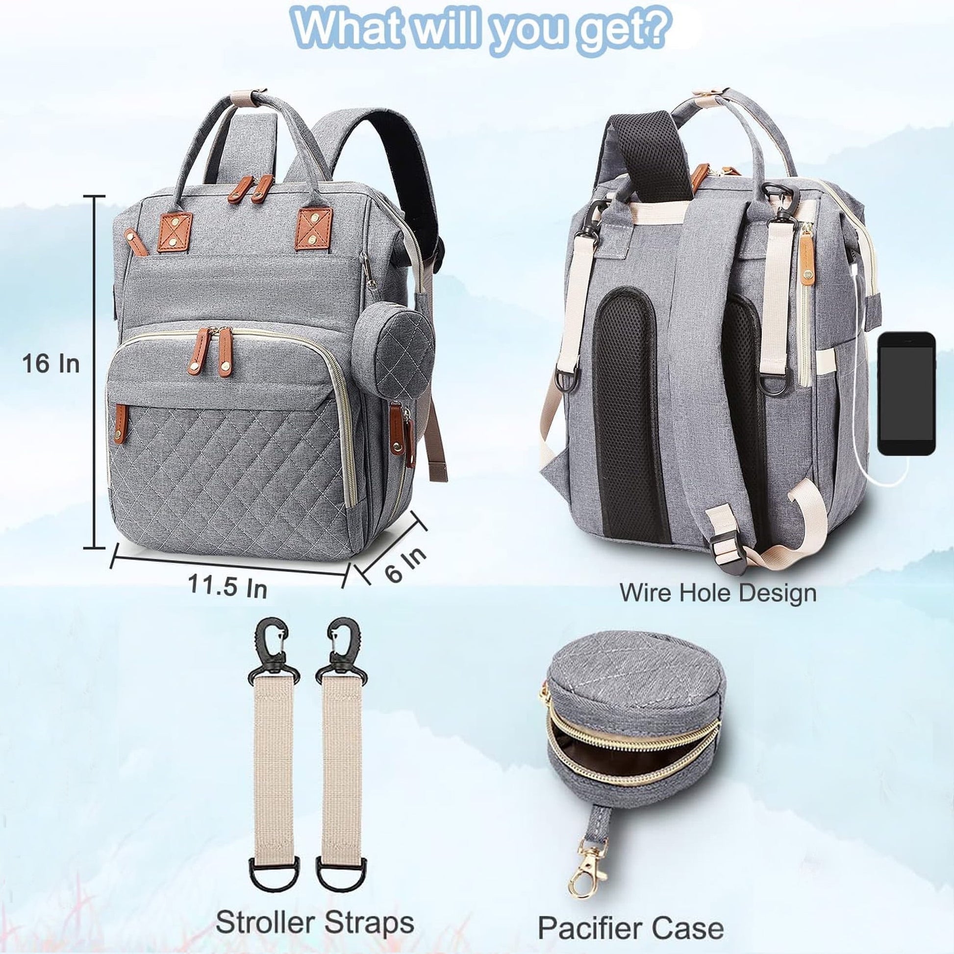 Morfone Baby Diaper Bag Backpack, Multifunction Waterproof Baby Bag with USB Charging Port, Stroller Straps & Pacifier Case Unisex