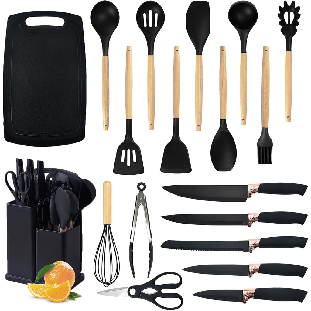 ACMETOP 19 Pieces Kitchen Utensils Set-11 Silicone Cooking Utensils Set, 6 Stainless Steel Sharp Knife set, 2 Cutting Board and Holder (Pink)