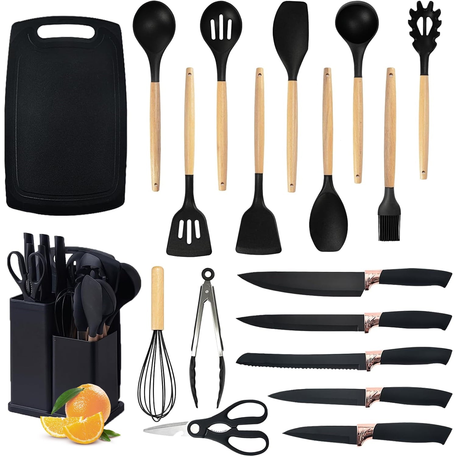 ACMETOP 19 Pieces Kitchen Utensils Set-11 Silicone Cooking Utensils Set, 6 Stainless Steel Sharp Knife set, 2 Cutting Board and Holder (Pink)