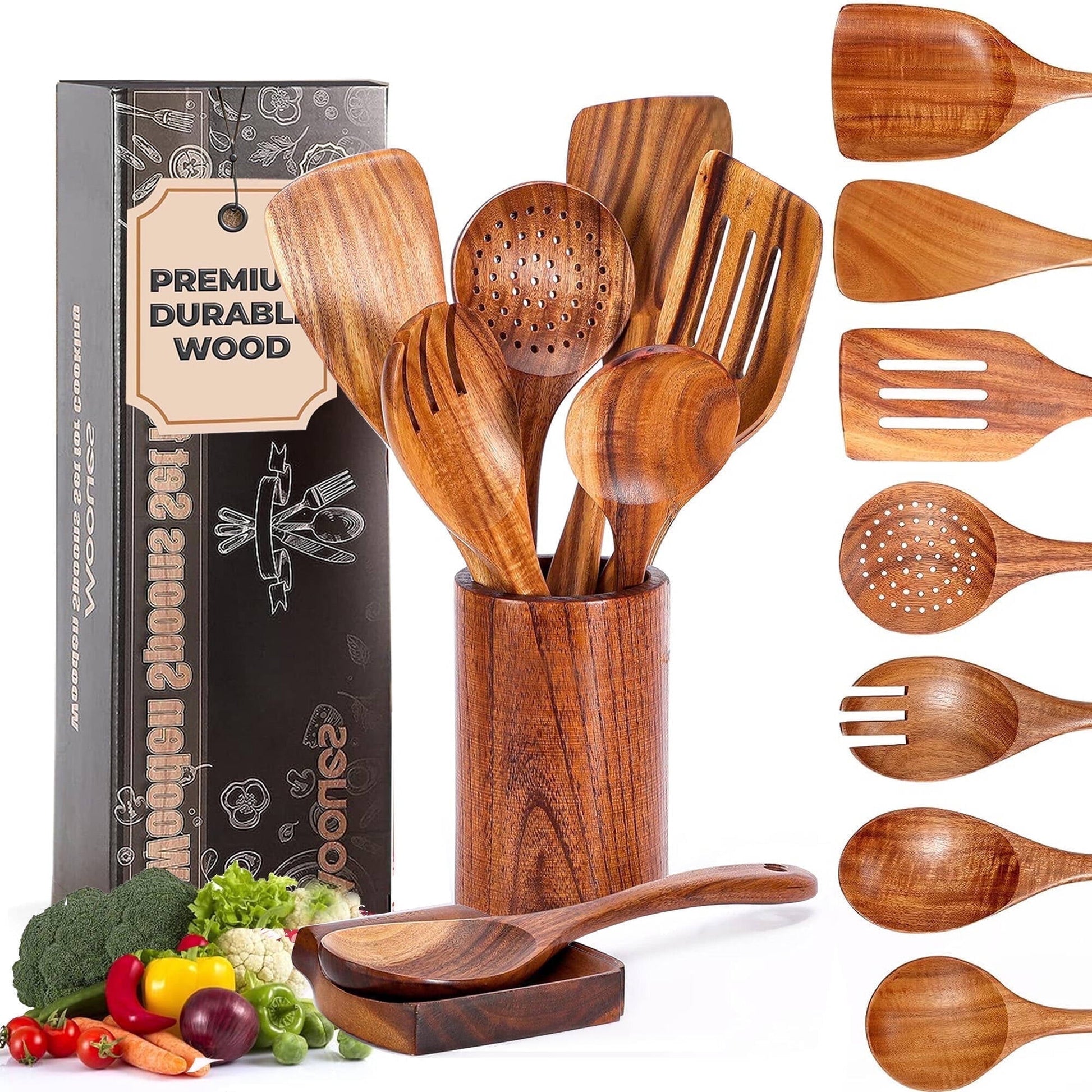 ACMETOP Wooden Spoons for Cooking, 9 Pcs Natural Teak Kitchen Utensil Set with Utensils Holder & Spoon Rest, Wooden Cooking Utensils for Nonstick Pans & Cookware