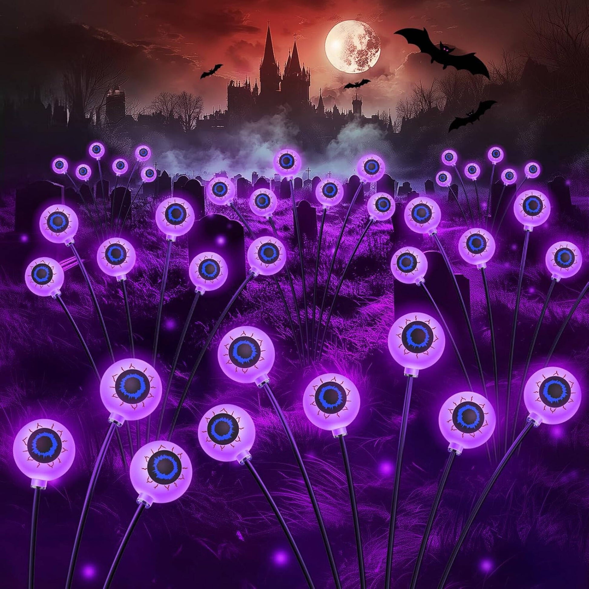 ACMETOP Halloween Decorations Outdoor, 2 Pack 12 LED Scary Eyeball Solar Halloween Lights, 2 Mode Waterproof Swaying Outside Decor, Solar Light Decorations for Garden Yard Party, Purple