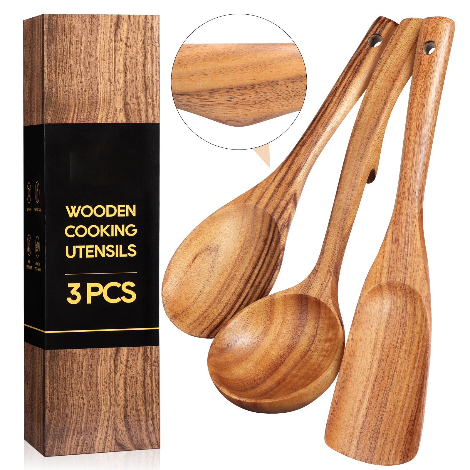 ACMETOP Wooden Spoon Utensils with Thick Handle, Set of 2, Wood Spatula for Frying Scraping and Mixing, Wooden Kitchen Cooking Utensils for Nonstick Cookware